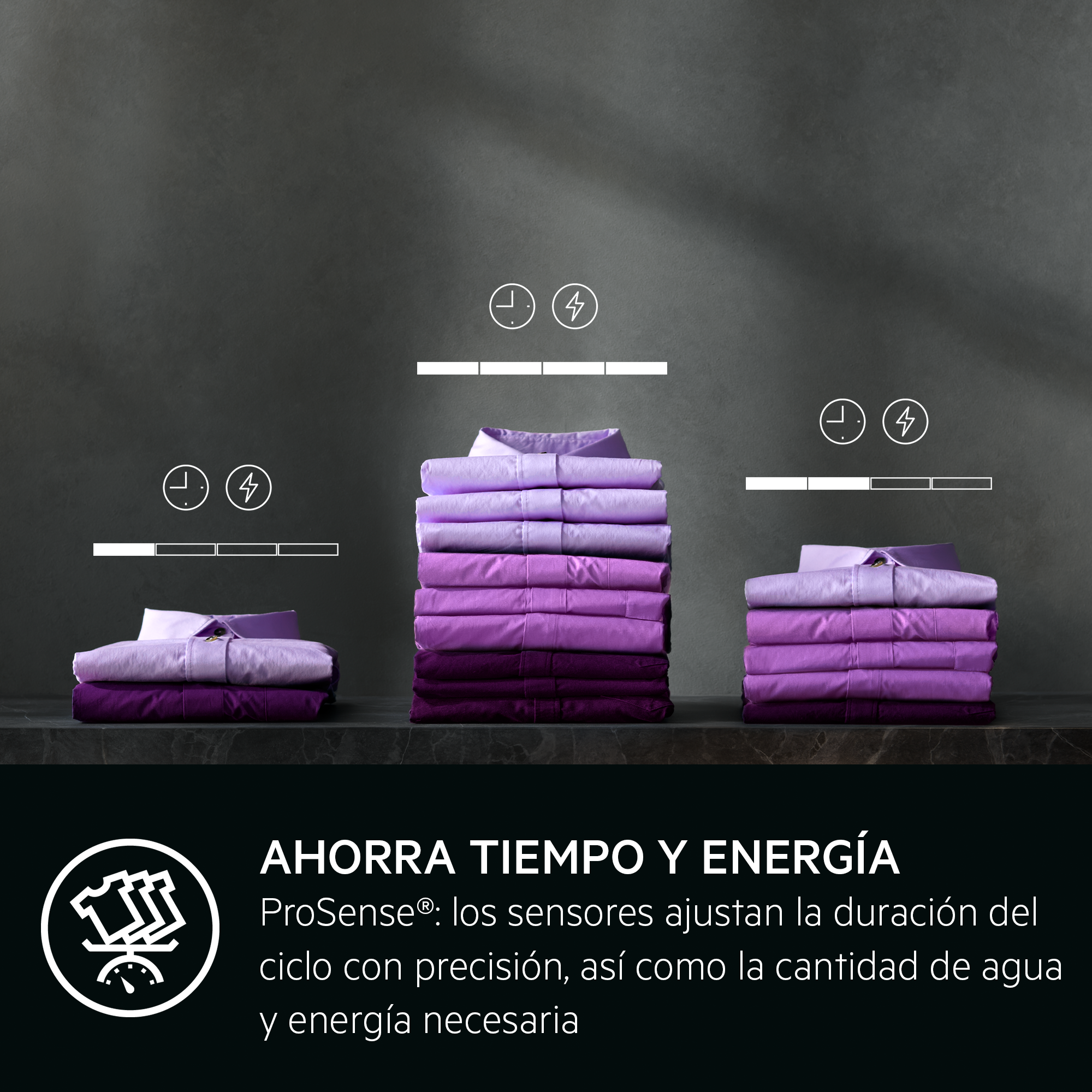 Imagen muestra pilas de camisas dobladas en tonos morados. Iconos de tiempo y energía están encima. Texto: Ahorra tiempo y energía.