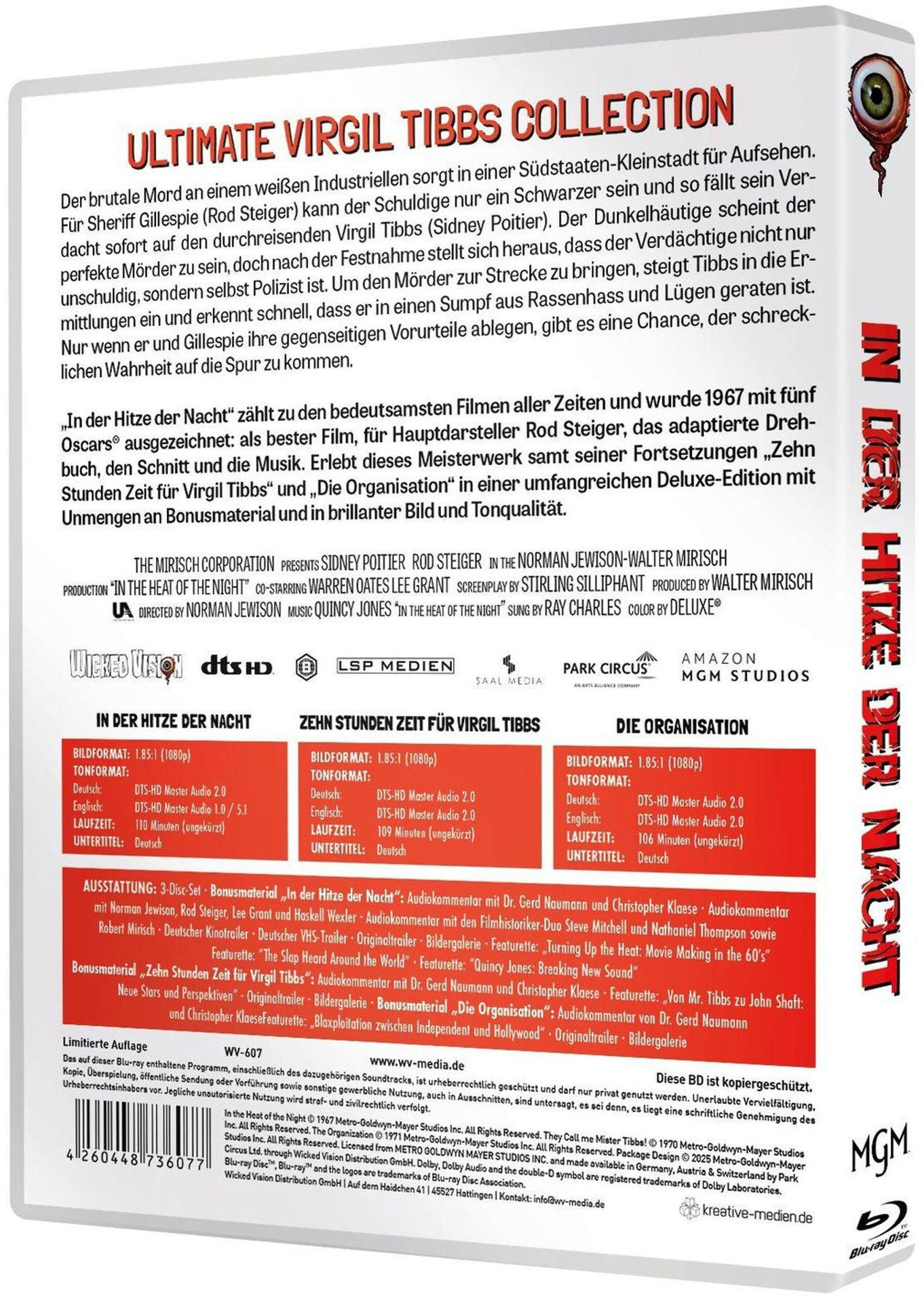 Blu-ray-Disc-Box mit Filmtiteln und Schauspielern. Text in Deutsch und Englisch. Augengrafik an der Seite.