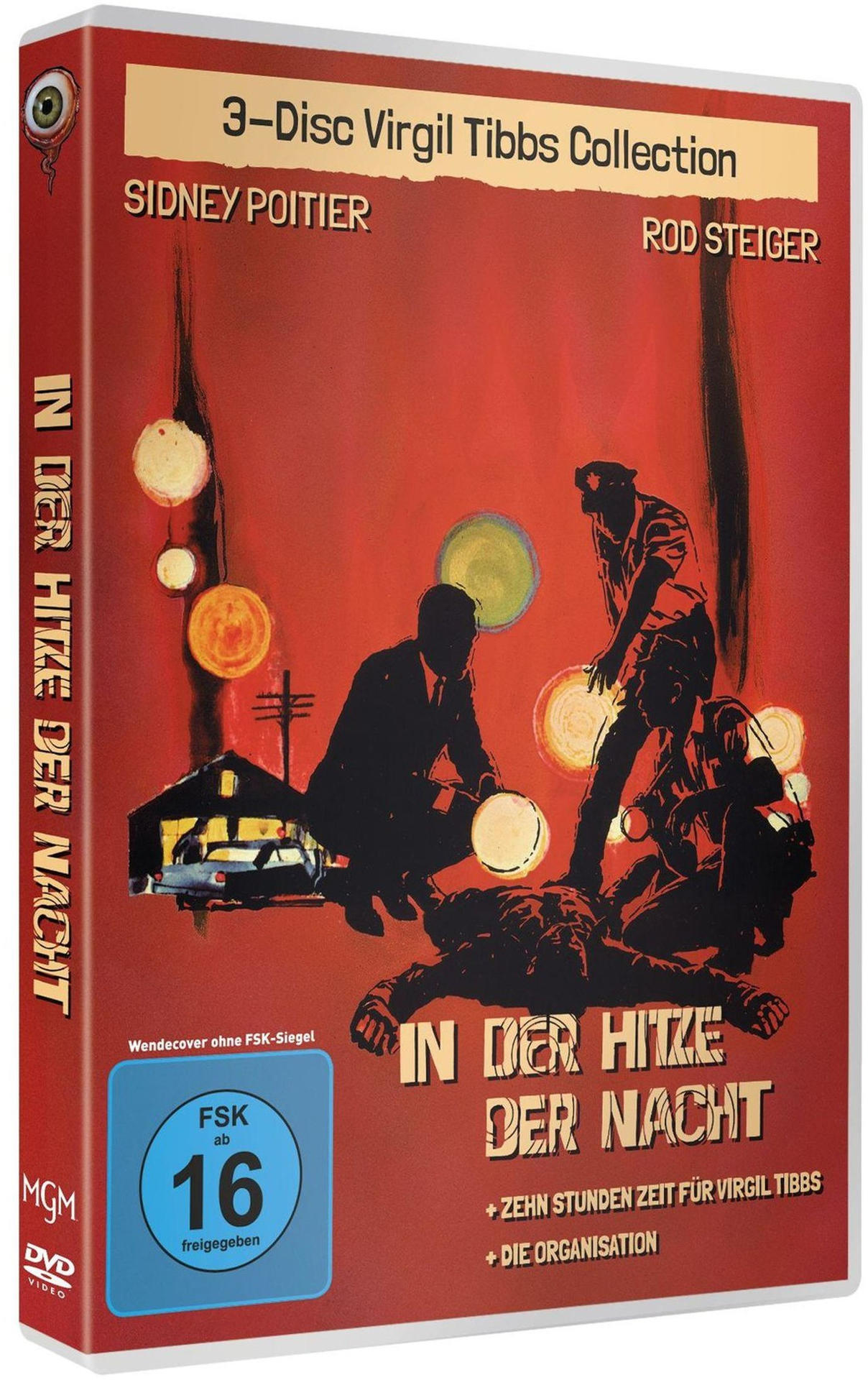 DVD-Cover für 'In der Hitze der Nacht'. Silhouetten von Menschen und Text auf Deutsch. Roter Hintergrund.