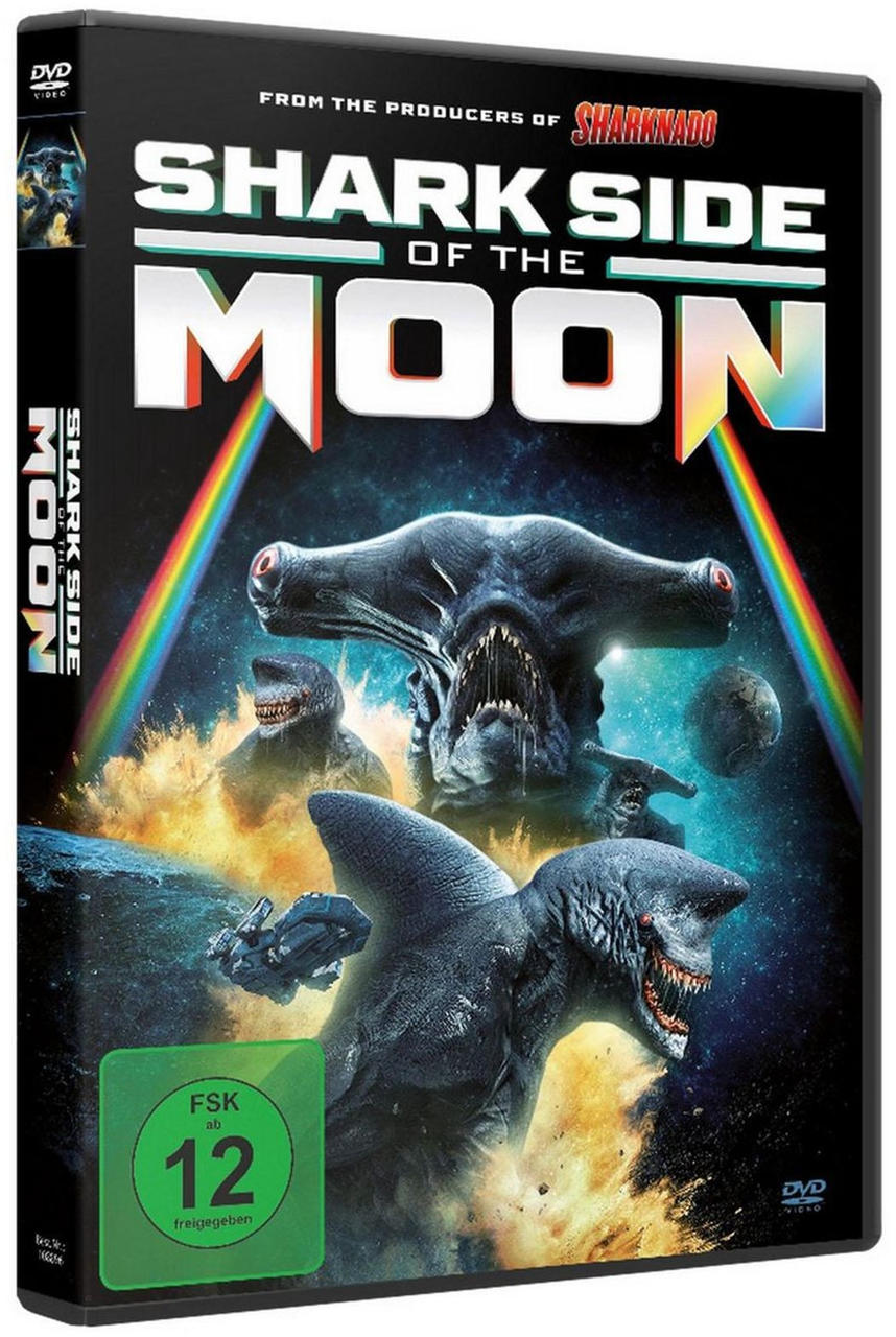 DVD-Cover. Haie mit scharfen Zähnen im Weltraum. Titel: Shark Side of the Moon. Regenbogen und ein Planet im Hintergrund.