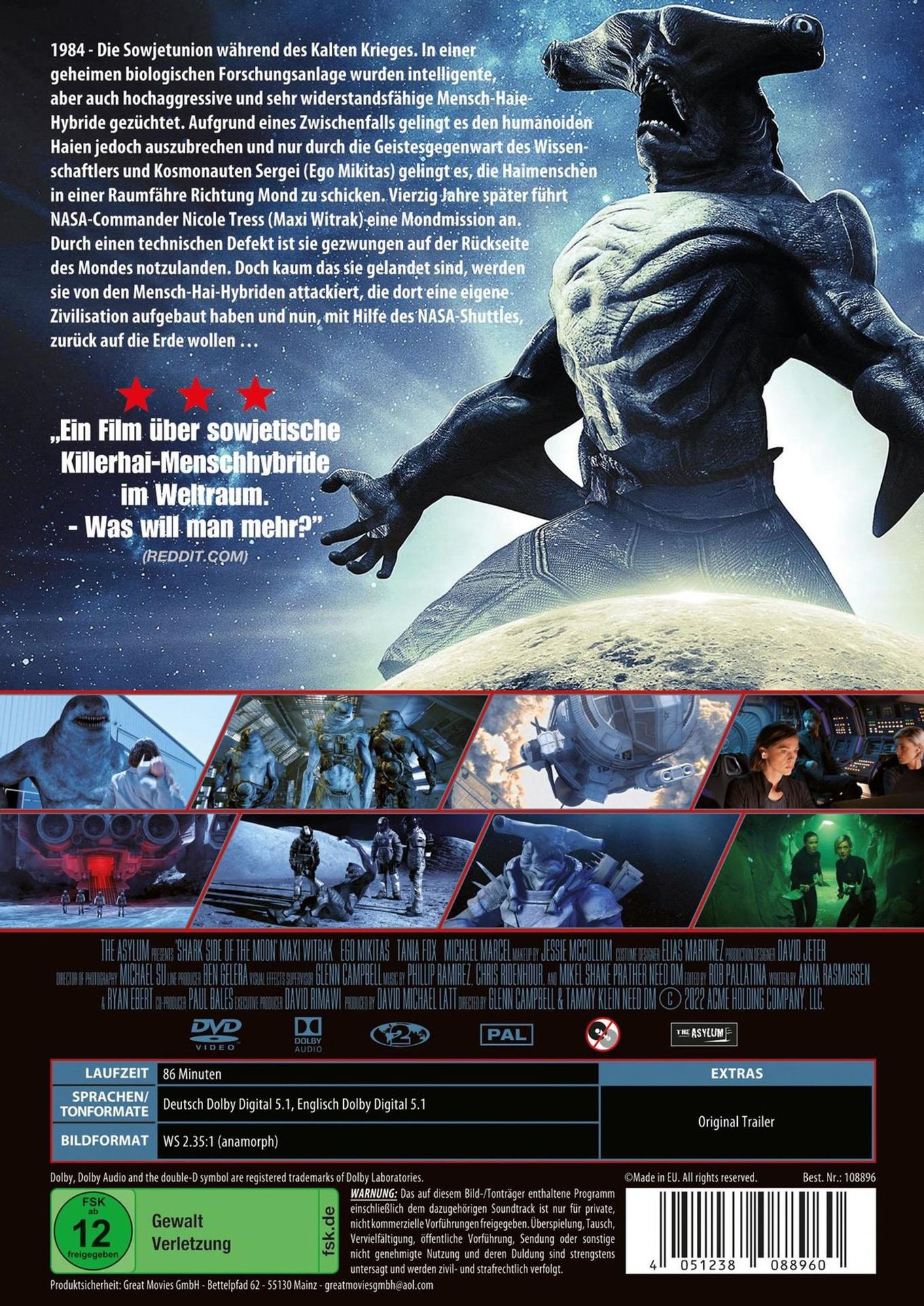 Poster für einen Film über Hai-Mensch-Hybriden. Es zeigt ein Monster, einen Mond und Filmgutschriften.
