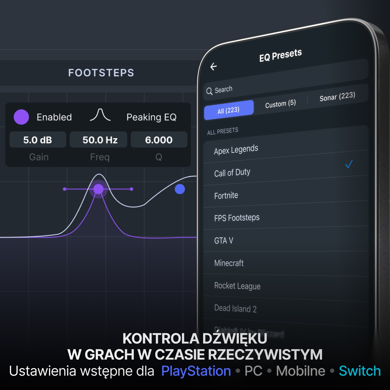 Interfejs aplikacji z ustawieniami EQ dla gier. Wyświetla 'Footsteps' oraz opcje predefiniowane, jak 'Apex Legends'.