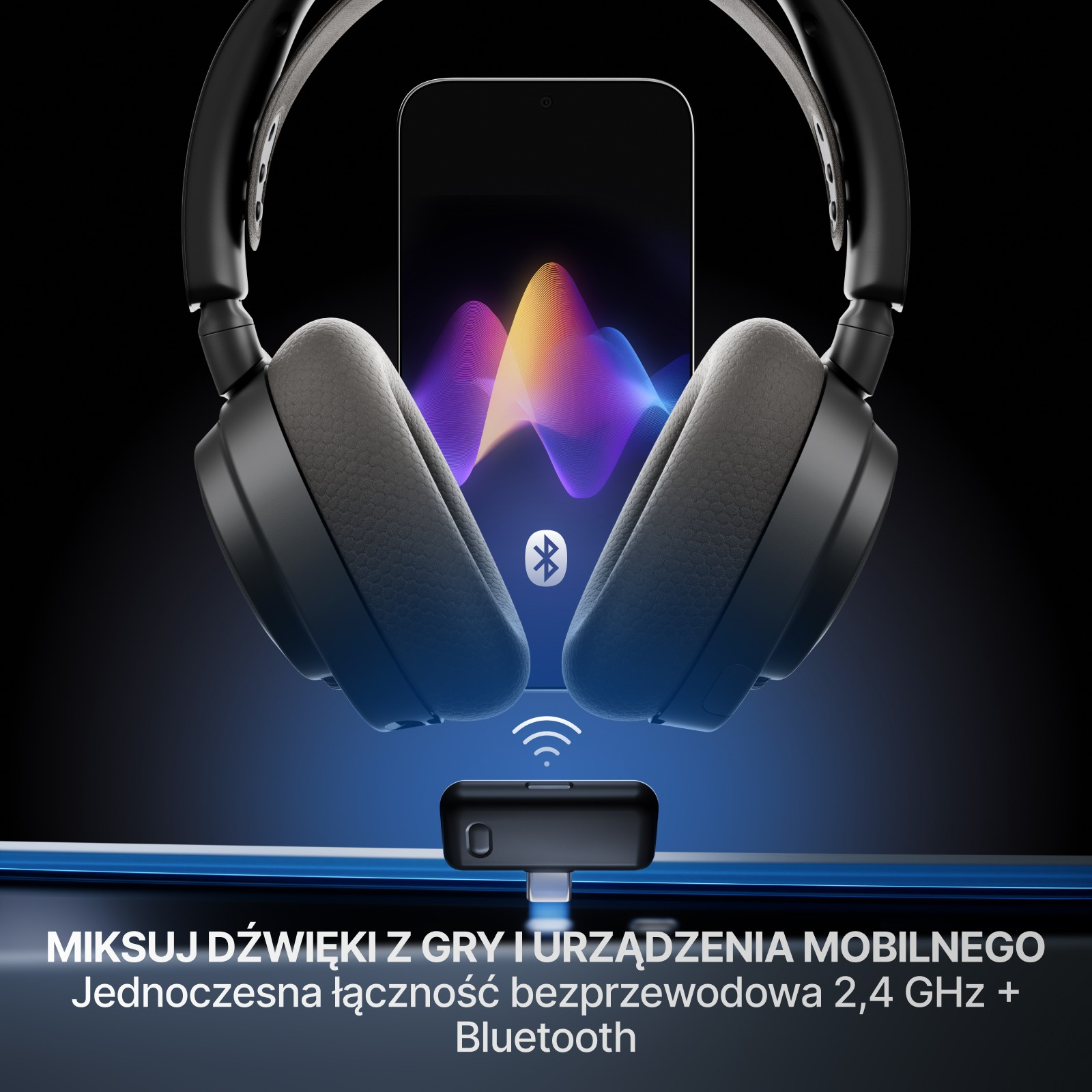 Słuchawki z telefonem pokazującym fale dźwiękowe, połączone z odbiornikiem. Symbol Bluetooth obecny.