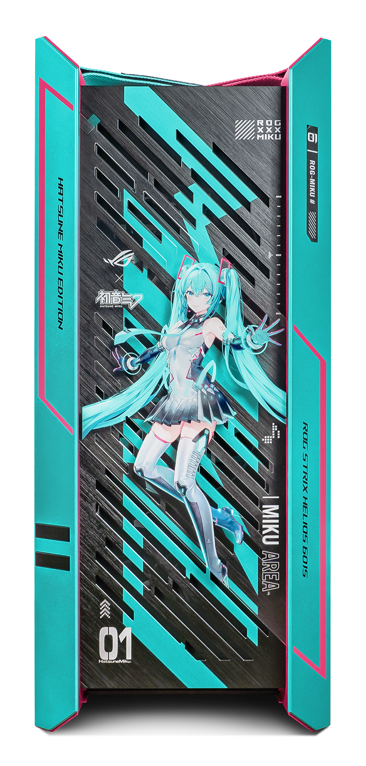Ein Computergehäuse mit Hatsune Miku-Kunst. Das Gehäuse ist türkis und schwarz, mit einem Bild von Miku.