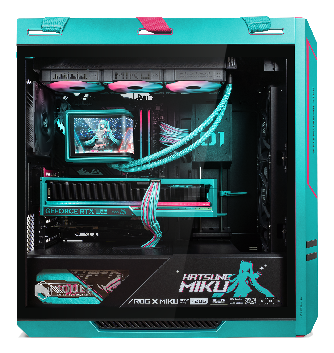 Ein türkisfarbenes Computergehäuse mit Hatsune-Miku-Grafiken im Inneren. Es hat einen Bildschirm, der die Figur und eine blaue Flüssigkeitskühlung zeigt.