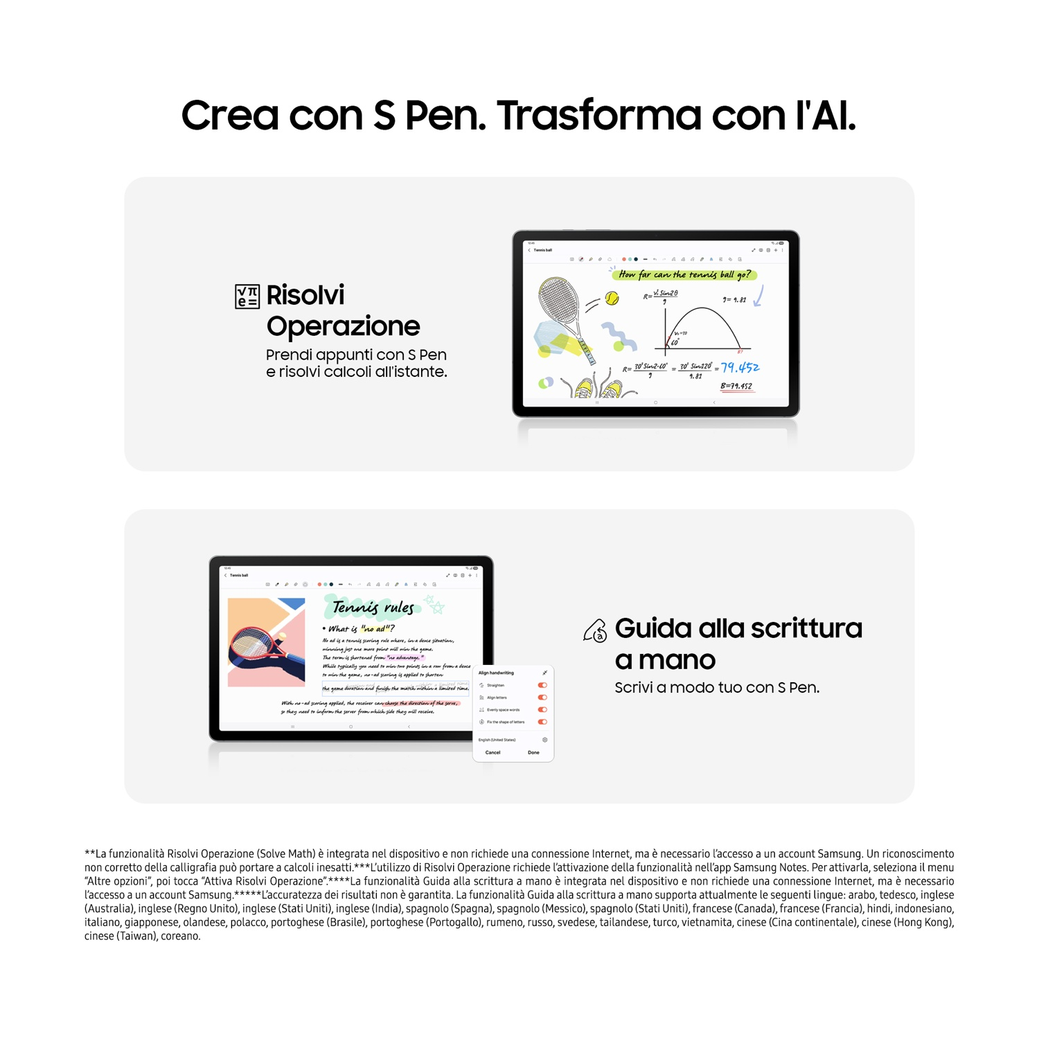 Tablet con matematica e regole del tennis, testo 'Crea con S Pen. Trasforma con l'AI.'