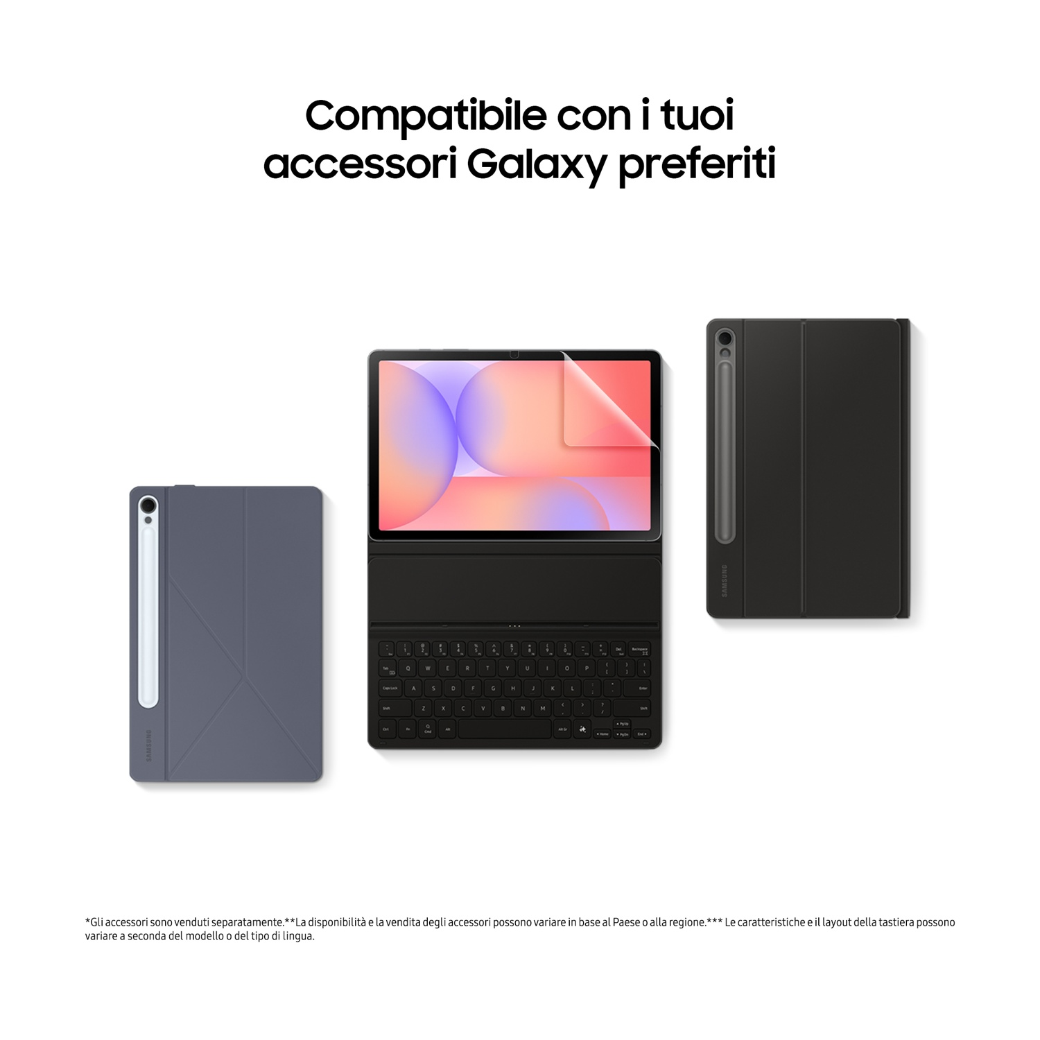 L'immagine mostra un tablet con accessori: tastiera, custodia e protezione schermo, tutto in nero e grigio, su sfondo bianco.