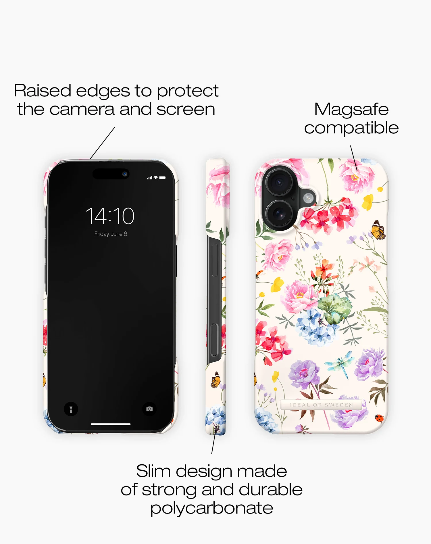 Virágmintás telefontok, amely egy fekete képernyős telefon, idővel, a tok oldalával és hátuljával együtt.