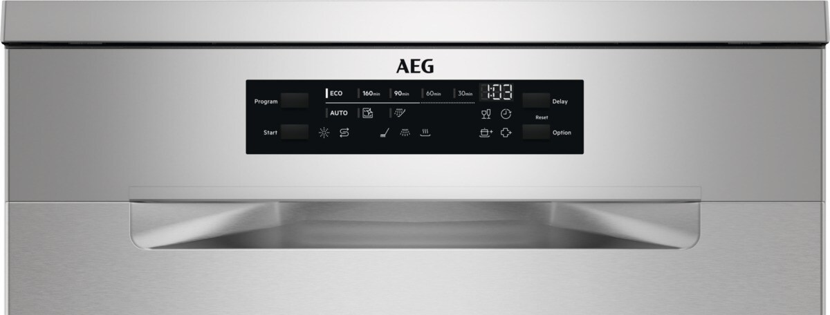 Lavavajillas AEG de acero inoxidable. Panel de control negro con botones para programa, eco, auto y ajustes de tiempo. Muestra 1:03.