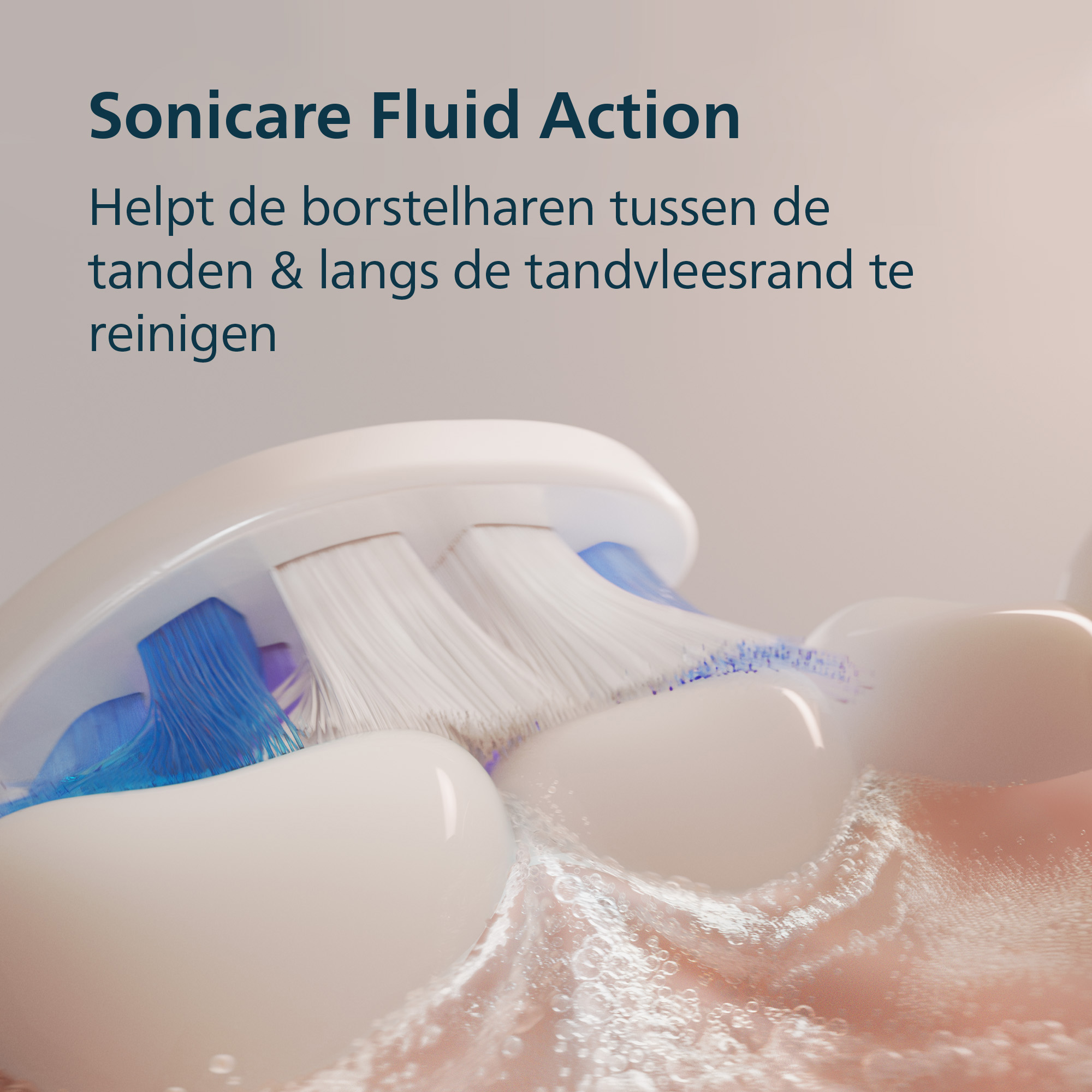 Electric toothbrush cleaning teeth. White bristles, blue accents, and water. Text: Sonicare Fluid Action.