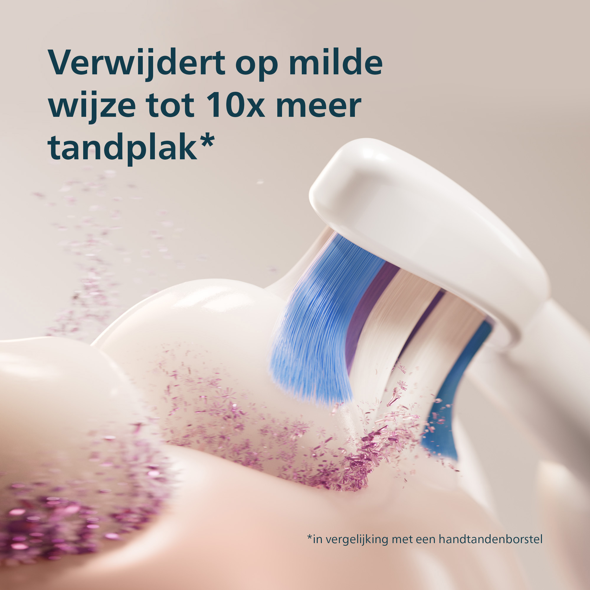 Electric toothbrush cleaning teeth. Blue bristles and purple particles are visible. Text: Removes up to 10x more plaque.