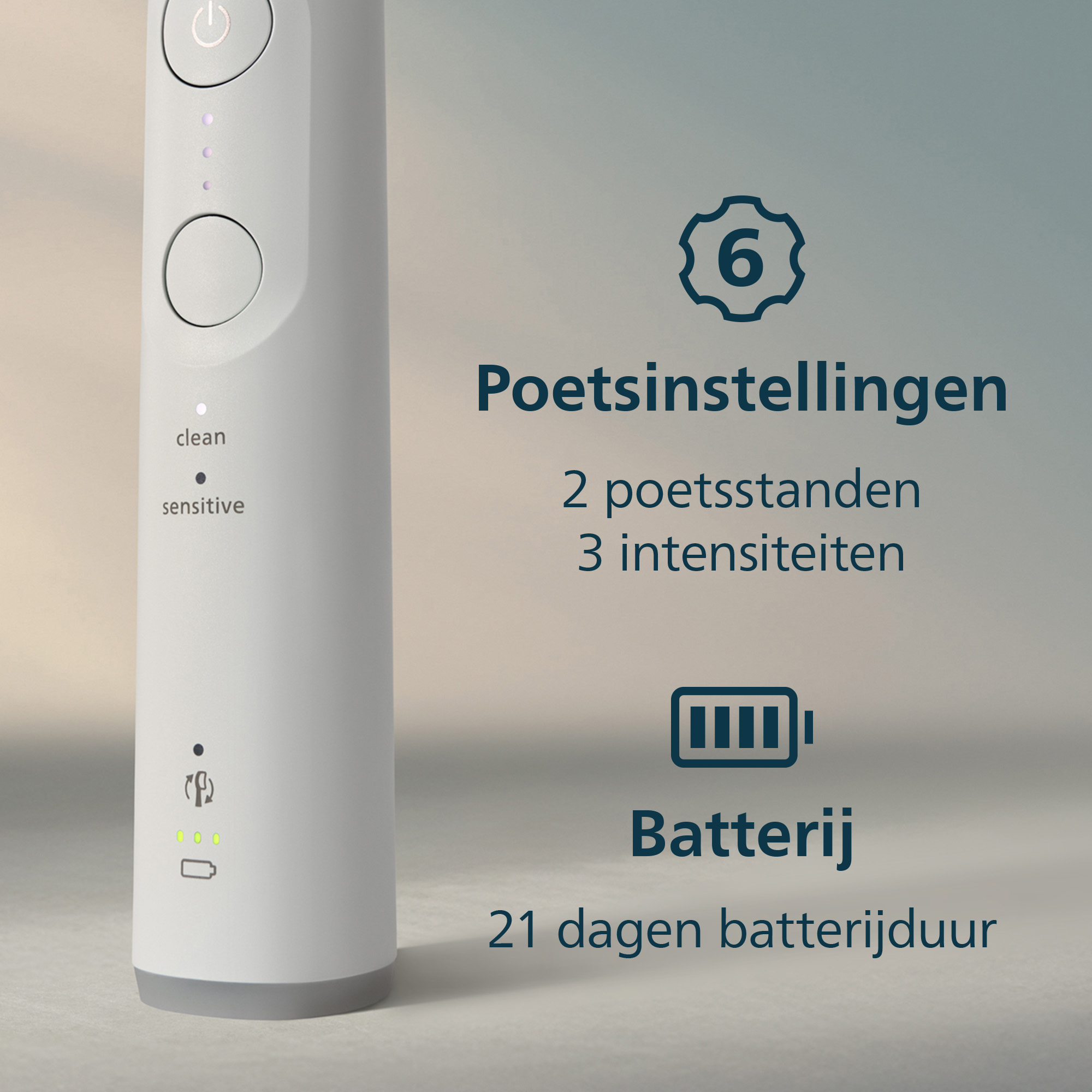 Electric toothbrush with indicator lights and settings description. Display shows cleaning modes, intensity, and battery life.