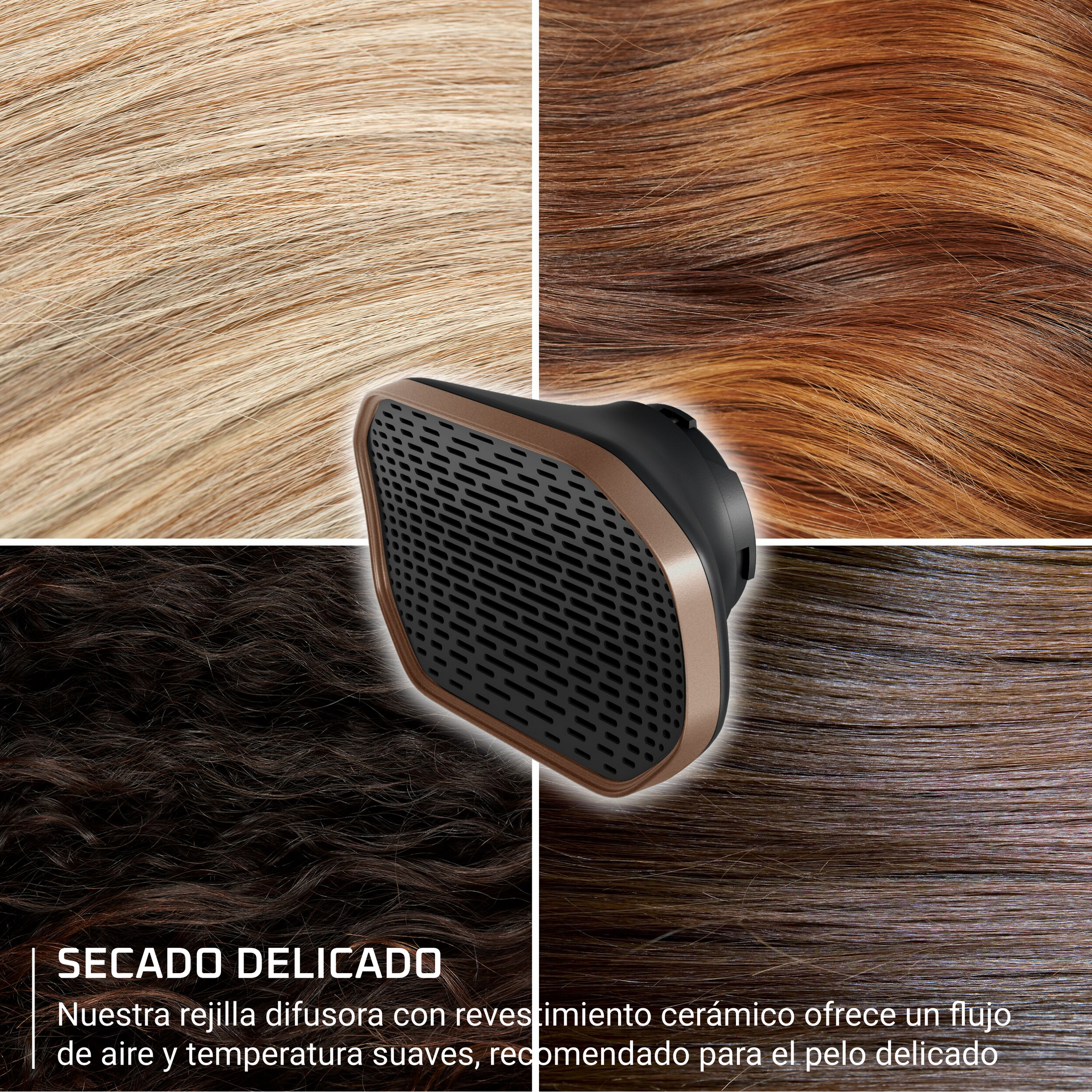 Secado suave para pelo delicado: rejilla difusora con revestimiento cerámico para flujos de aire y temperatura suaves