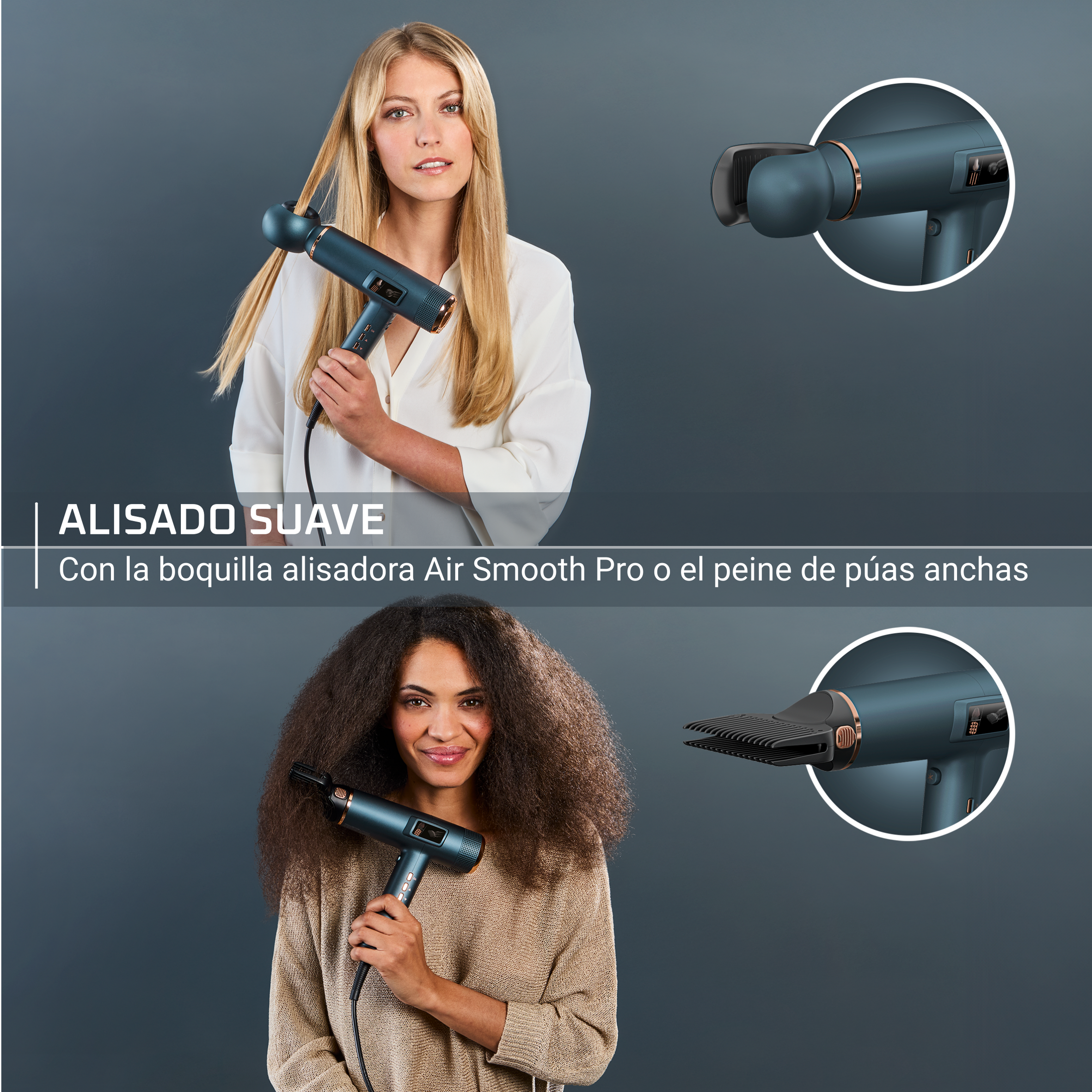 Alisado suave Air Smooth Pro ofrece un secado liso natural y el peine de púas anchas relaja los rizos del pelo ondulado