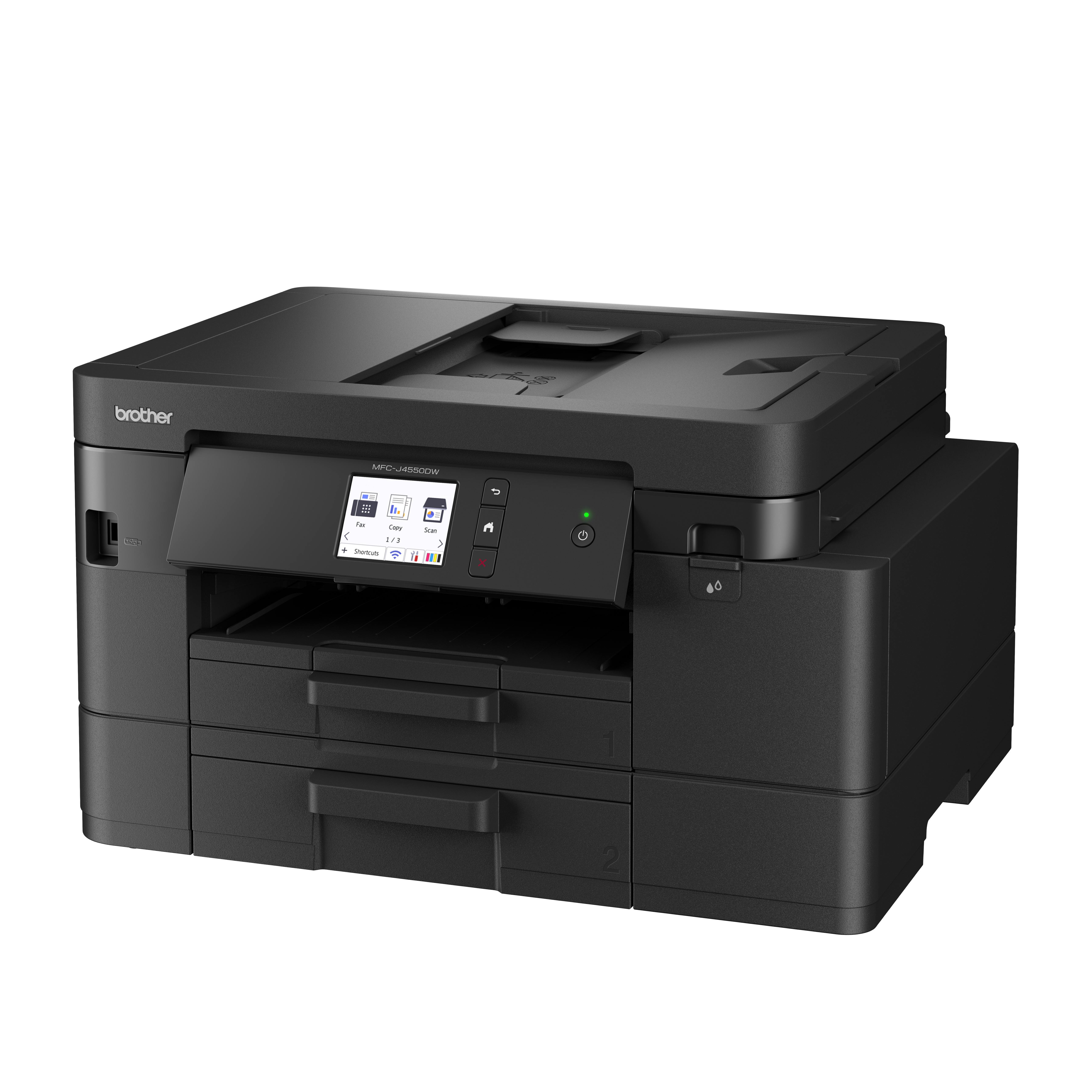 Ein schwarzer Brother MFC-J4550DW-Drucker vor weißem Hintergrund. Er hat einen Bildschirm, Tasten und Papierfächer.