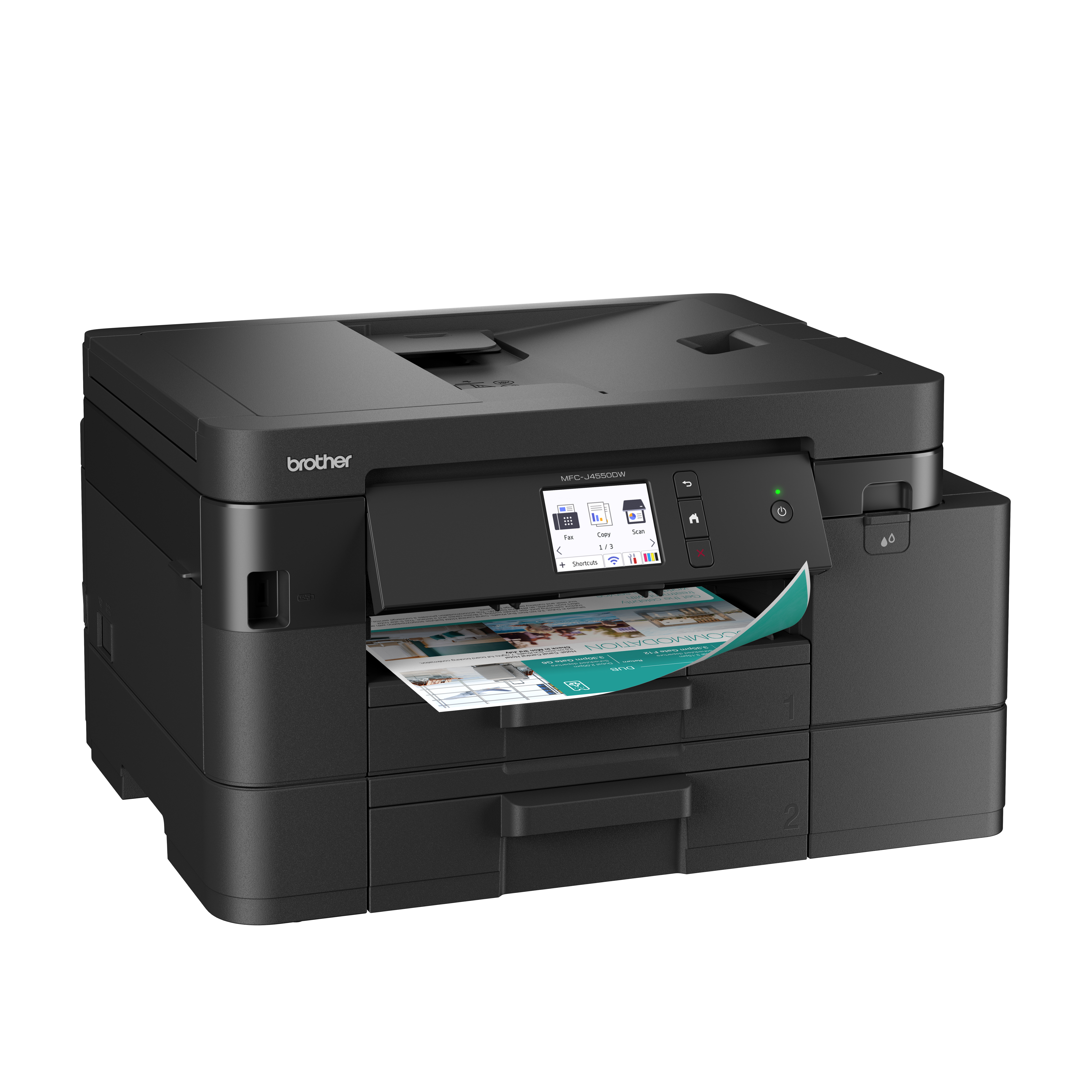 Ein schwarzer Brother MFC-J4550DW-Drucker mit Papier im Ausgabefach und einem Bildschirm mit Optionen.