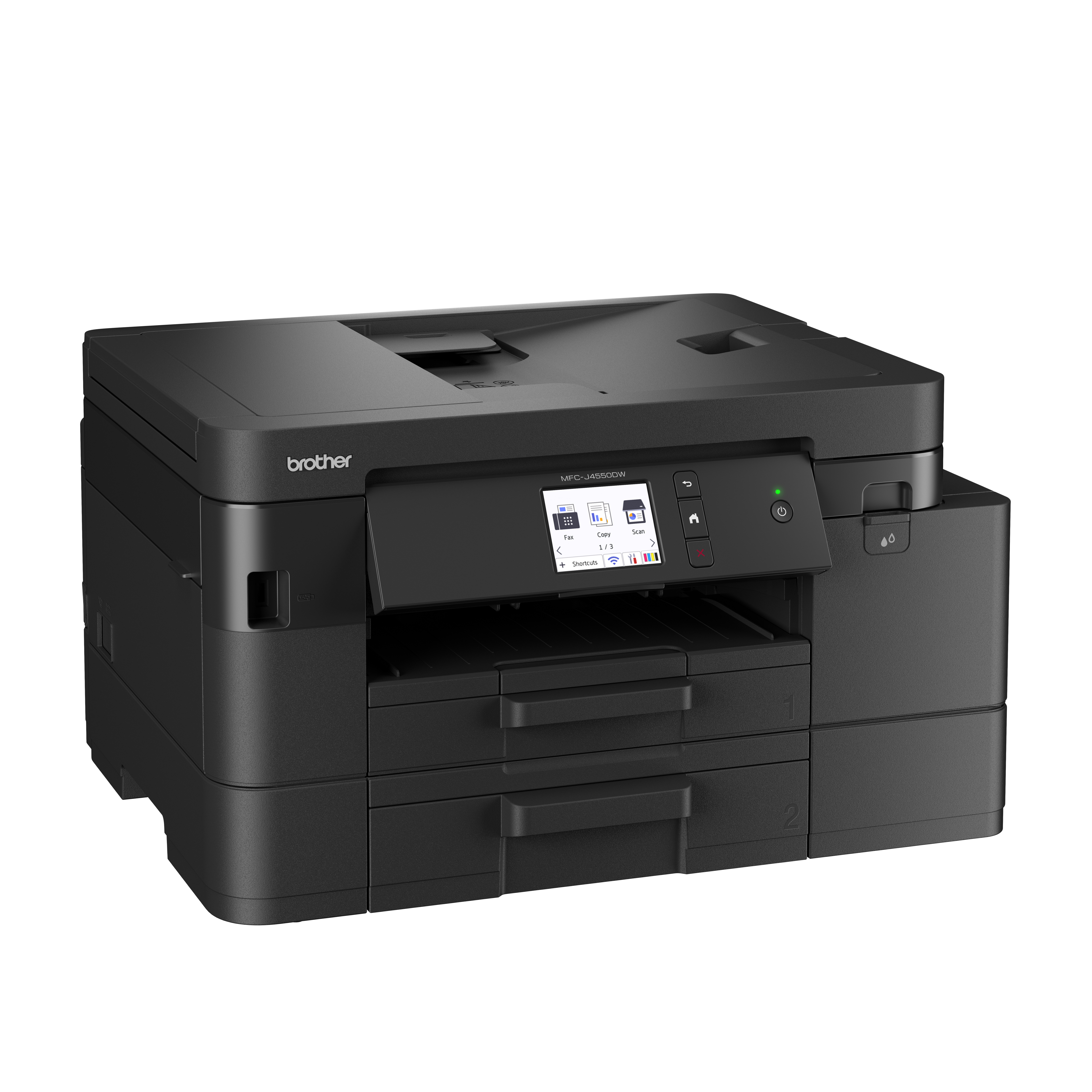 Ein schwarzer Brother MFC-J4550DW Drucker. Er hat einen Bildschirm, Tasten, Papierfächer und das Brother-Logo.