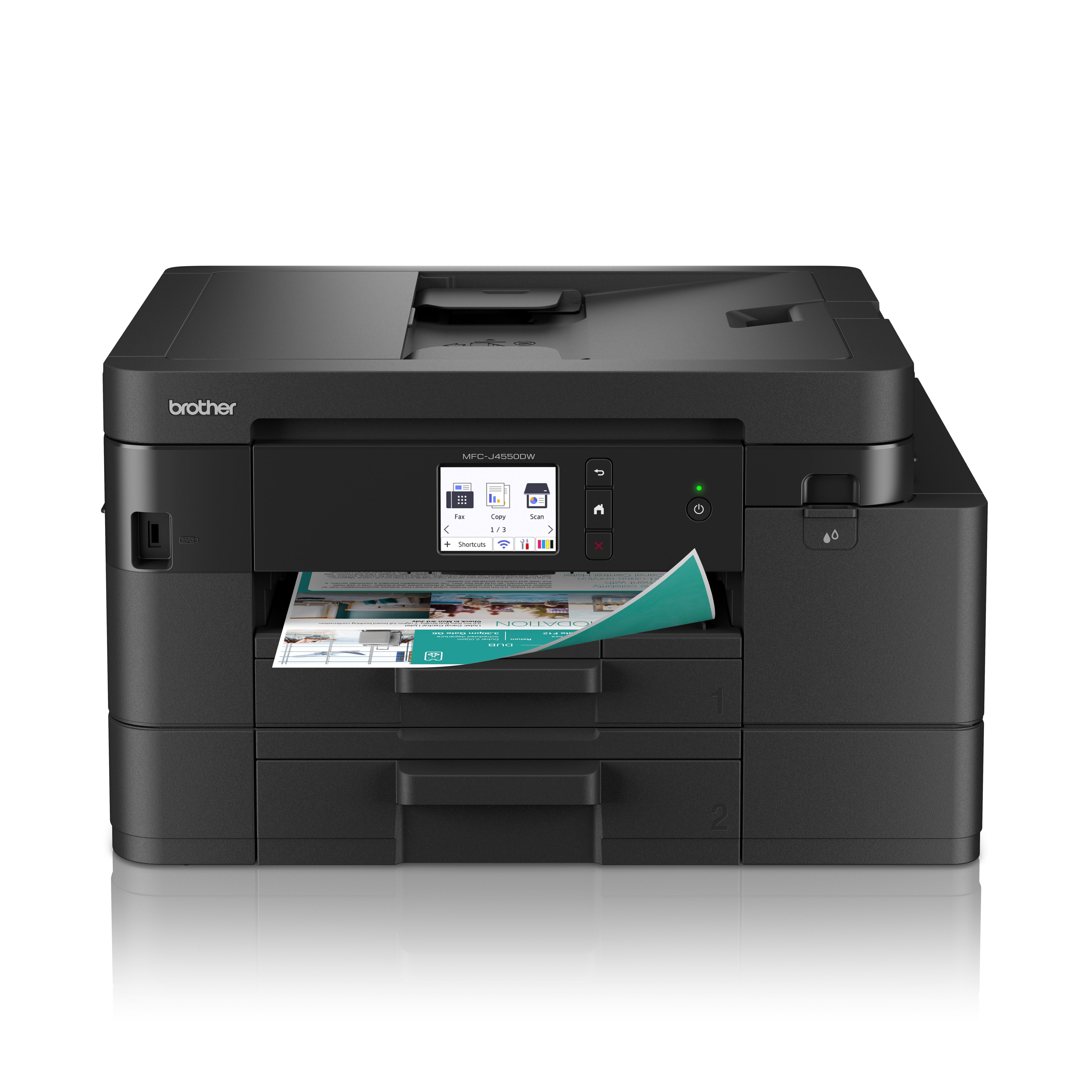Ein schwarzer Brother-Multifunktionsdrucker. Ein gedrucktes Dokument kommt aus dem Fach. Der Bildschirm zeigt verschiedene Optionen.