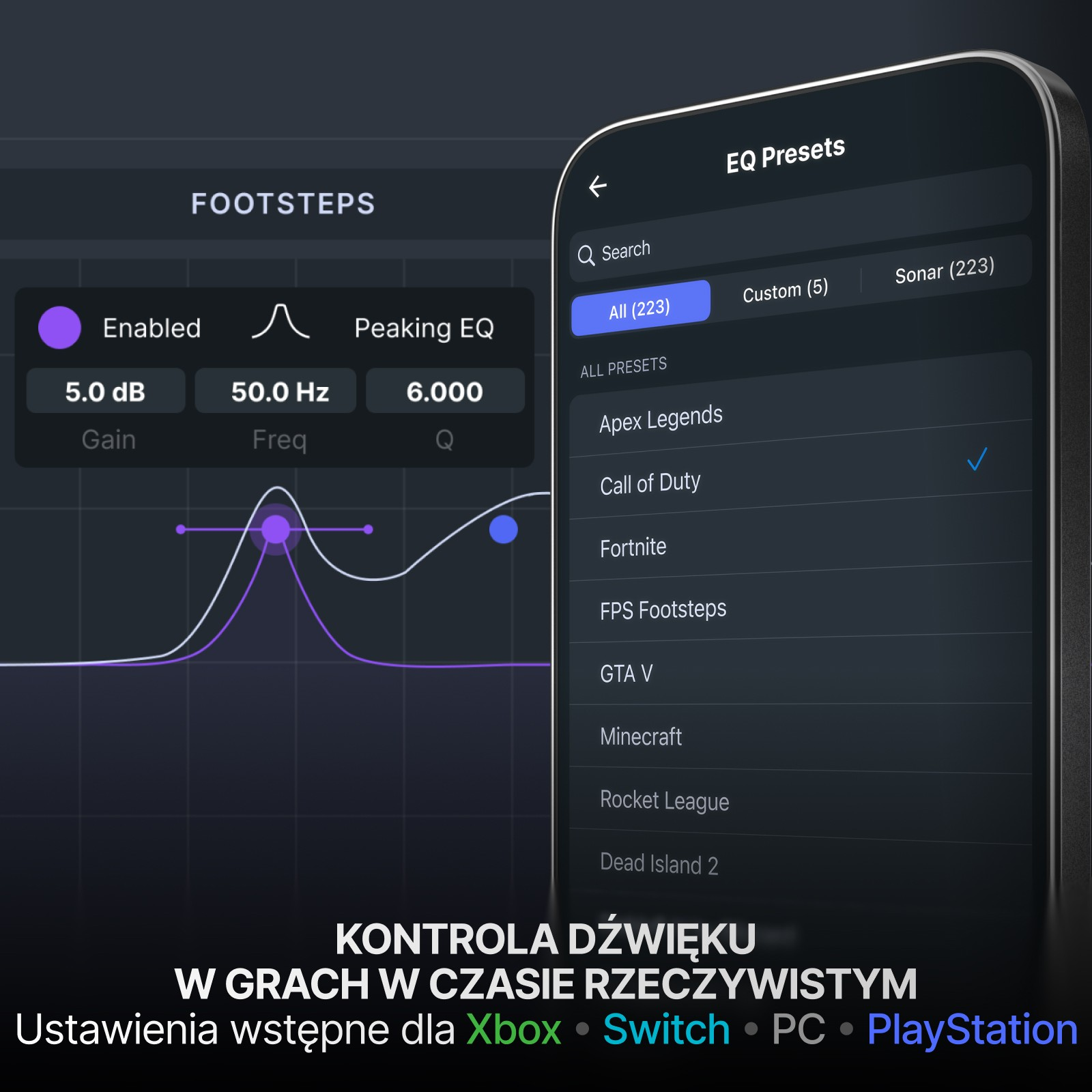 Interfejs aplikacji pokazujący ustawienia wstępne EQ dla gier. Pokazuje wykres i listę ustawień wstępnych gier, takich jak Call of Duty.