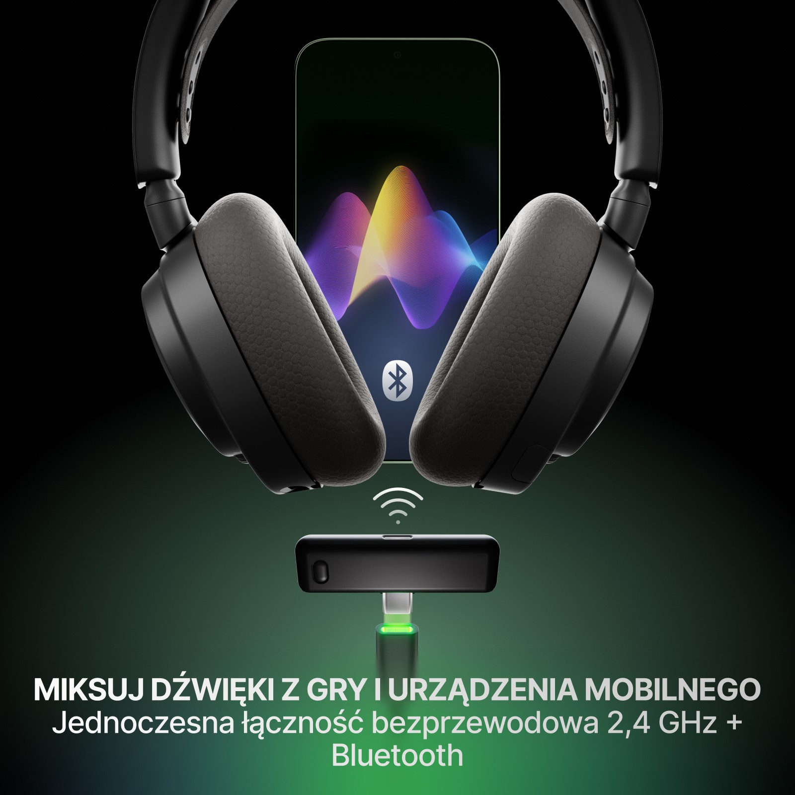 Czarne słuchawki, telefon z falami dźwiękowymi i bezprzewodowy odbiornik z zielonym światłem.