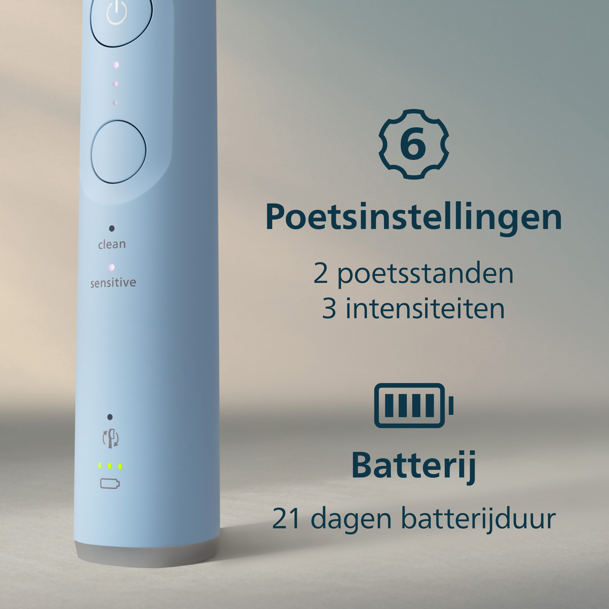 A blue electric toothbrush with settings and battery life information. Text includes 'clean', 'sensitive', and '21 days'.