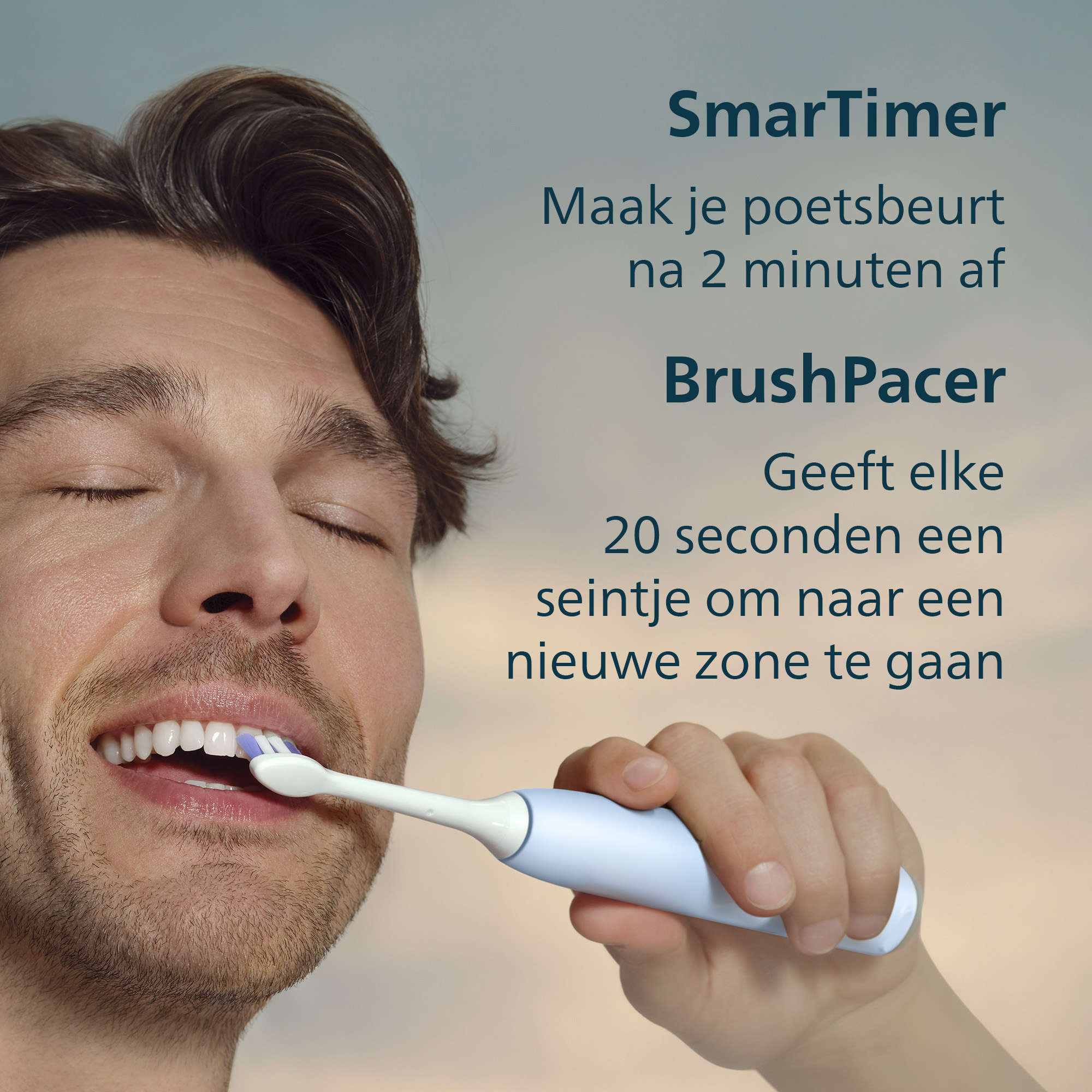 A man brushes his teeth with an electric toothbrush. Text on the image says SmarTimer and BrushPacer.