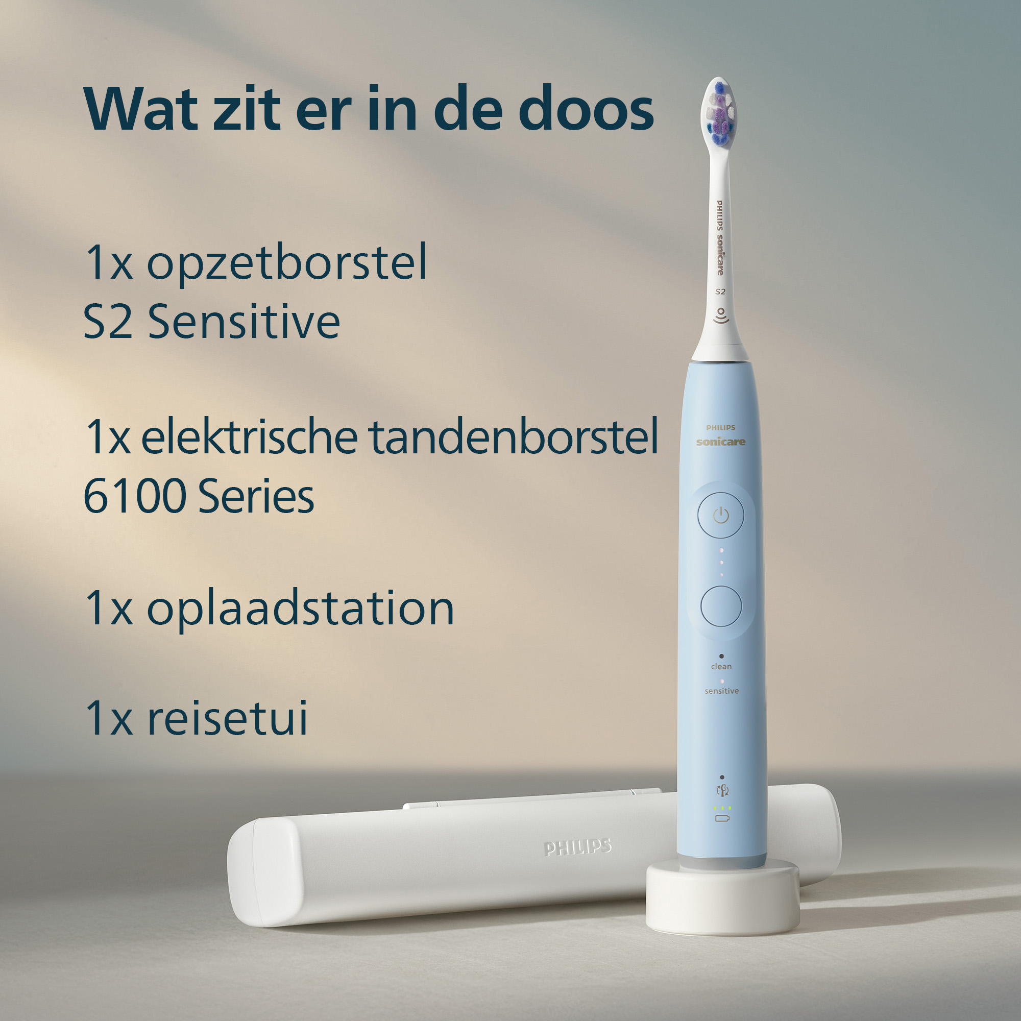 Image shows an electric toothbrush, travel case, and charging station. The toothbrush is light blue.
