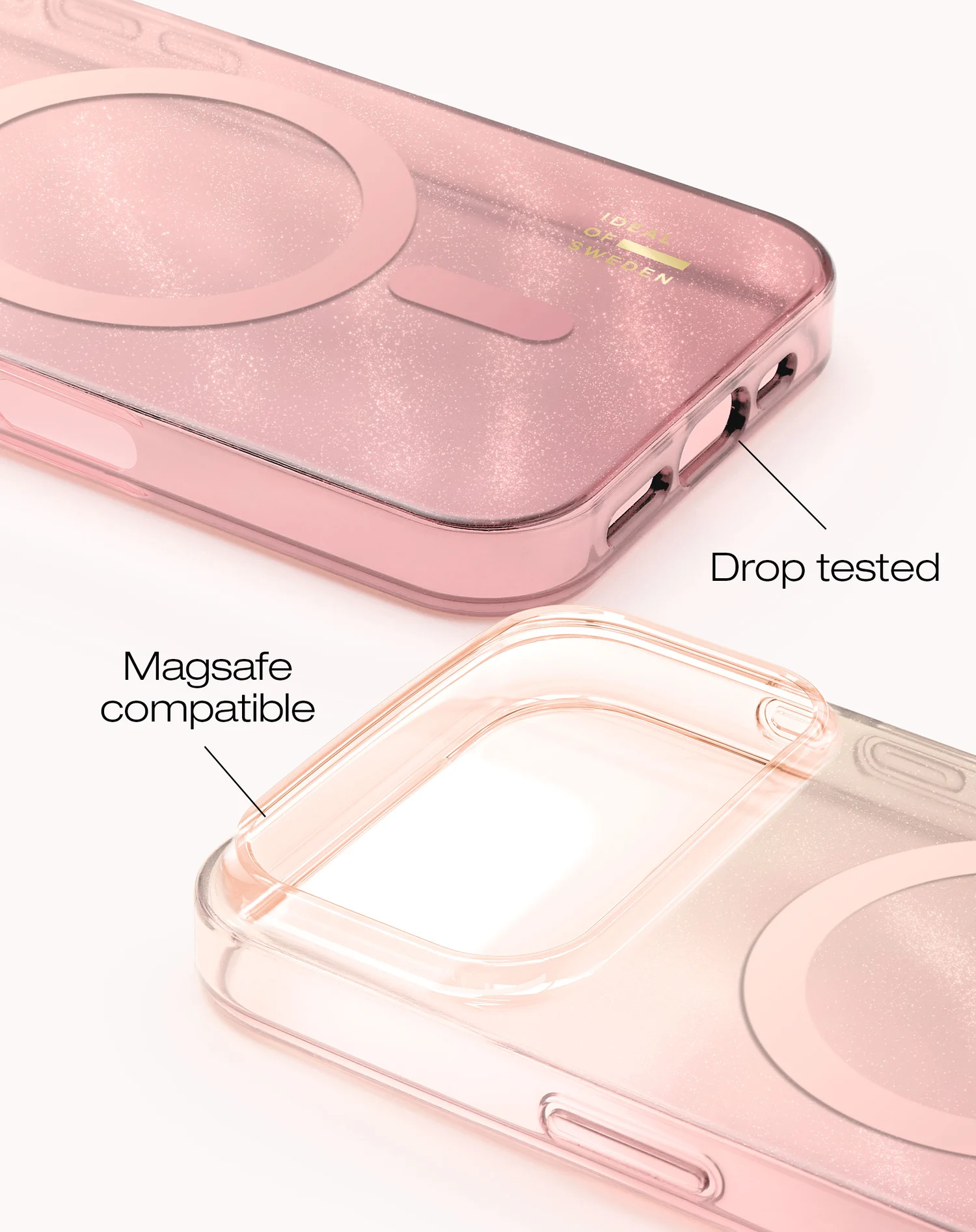 Közeli kép két átlátszó rózsaszín telefontokról, az egyiken a 'Magsafe kompatibilis', a másikon a 'Drop tested' felirattal.
