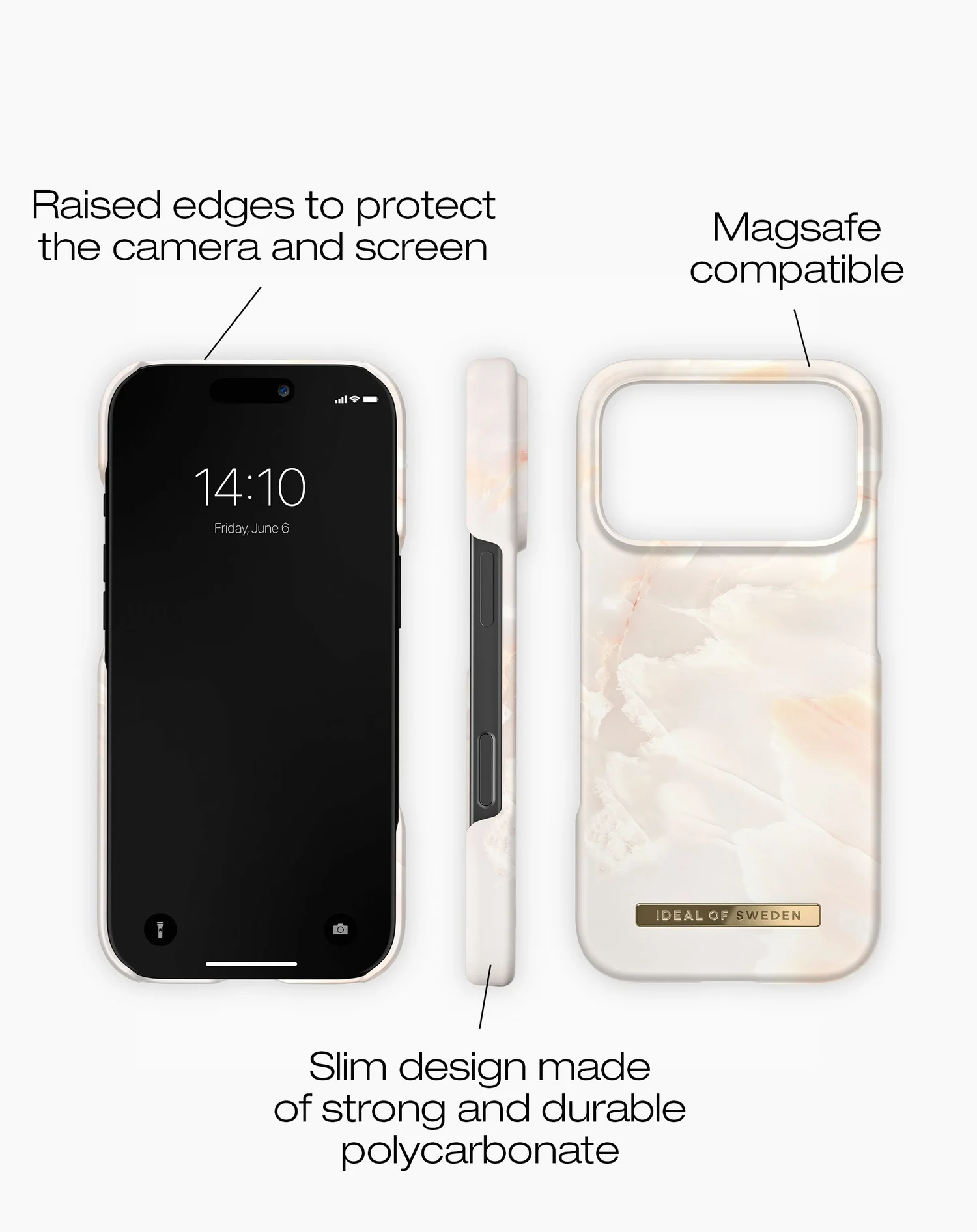A képen egy telefon és telefontokok láthatók. A telefonon az idő látható, a tokokon a dizájnelemek és a márkanév.