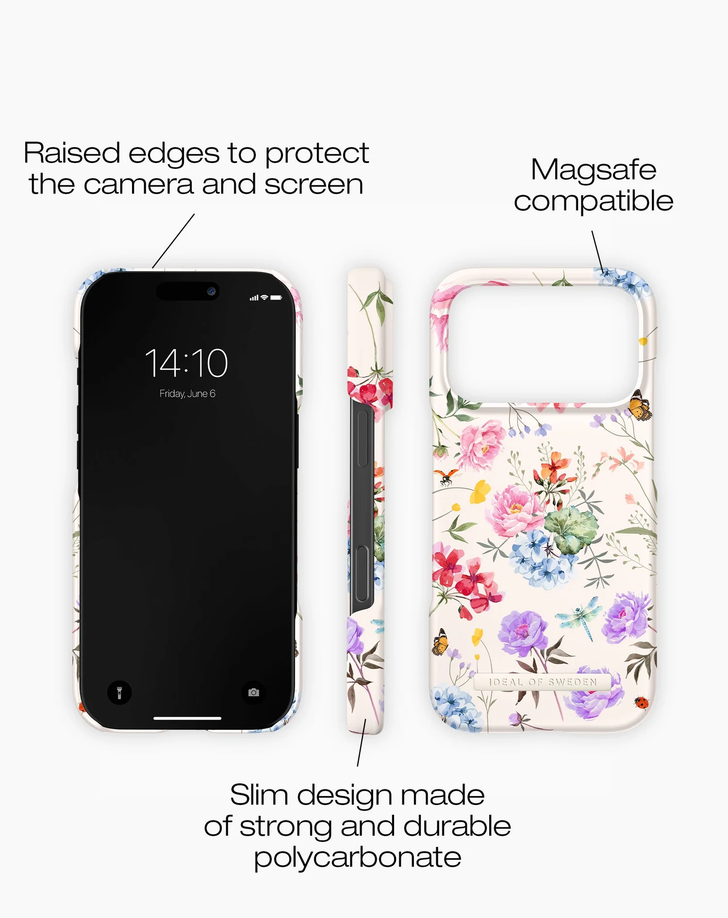 Virágmintás tokos telefon, dátum és időpont látható. A tok emelt élekkel rendelkezik. Szöveg: Magsafe kompatibilis, vékony design.