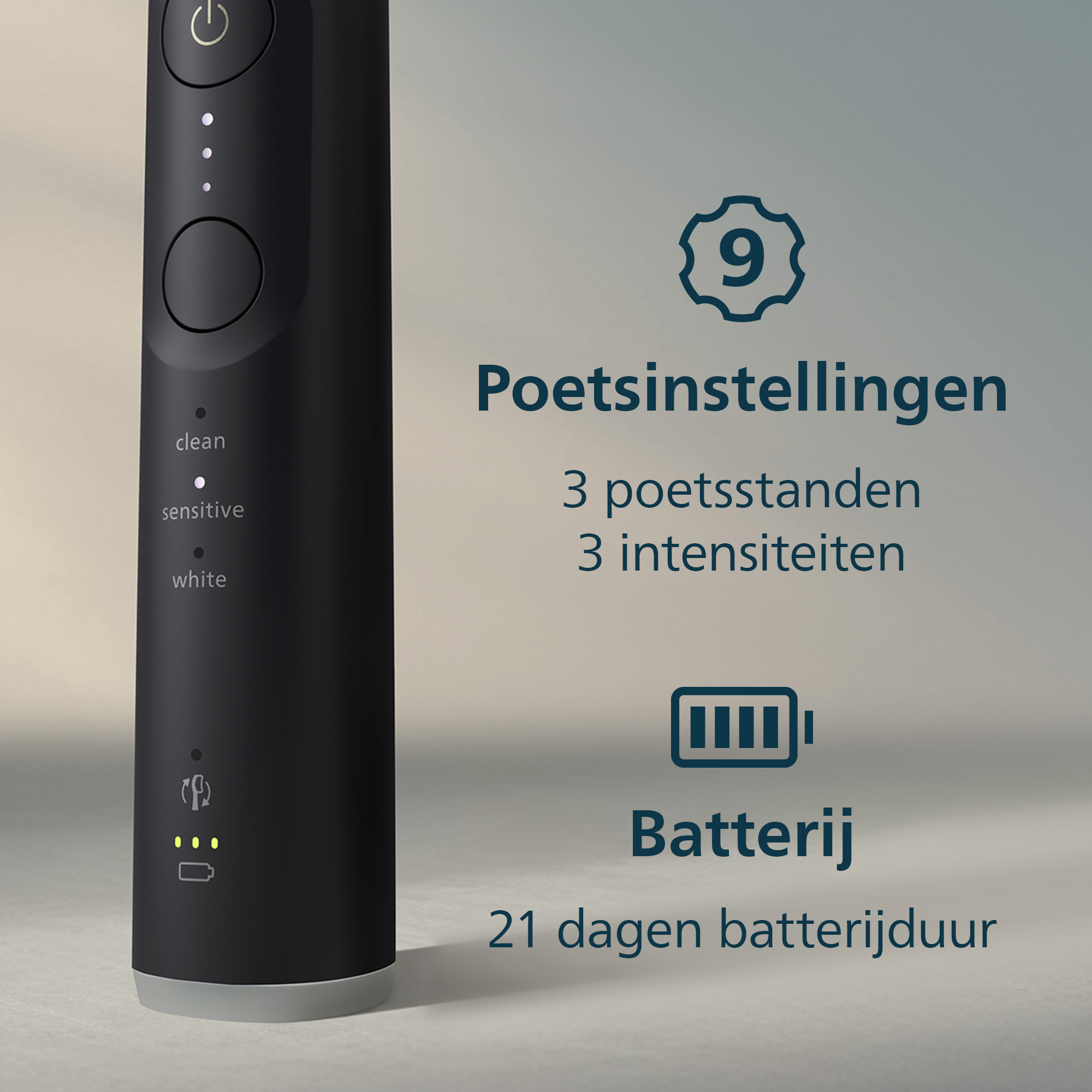 Zwarte elektrische tandenborstel met instellingen: schoon, gevoelig, wit. Toont batterijduur en instellingsopties.