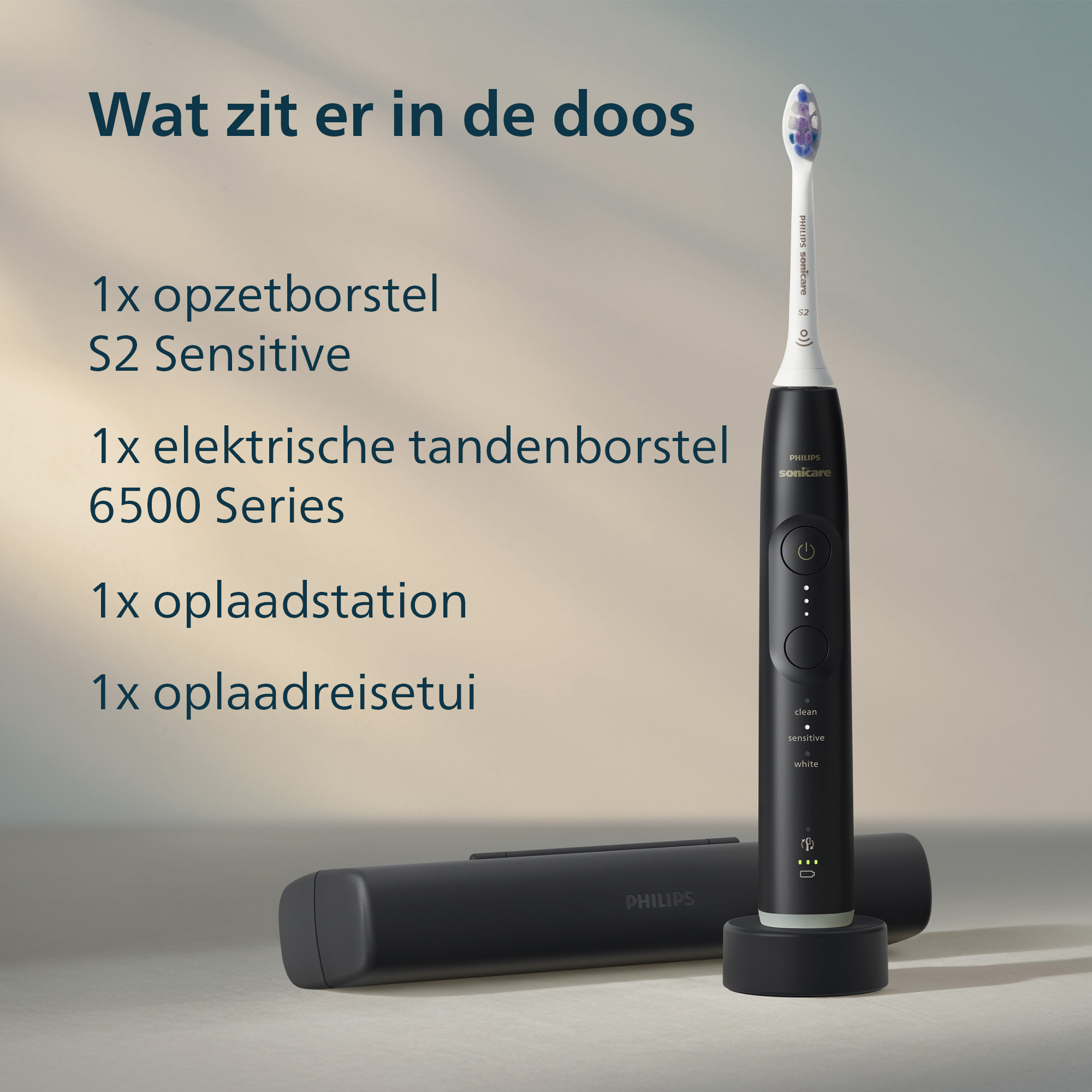 Afbeelding toont Philips Sonicare tandenborstel, oplaadstation, reisetui en tekst met de inhoud.