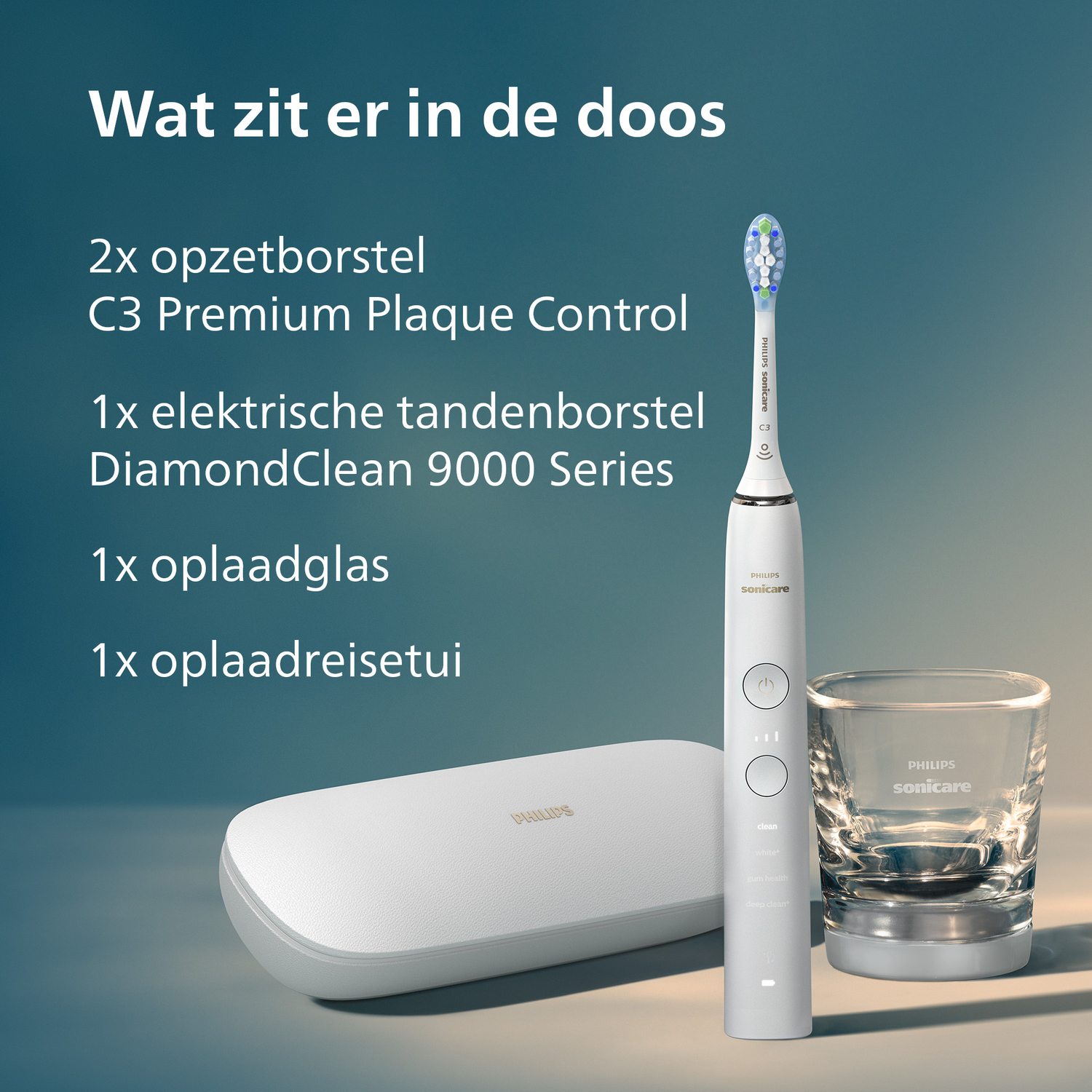 Een elektrische tandenborstel, een oplaadglas, een reisetui en opzetborstels worden weergegeven op een lichtblauwe-groene gradiënt achtergrond.