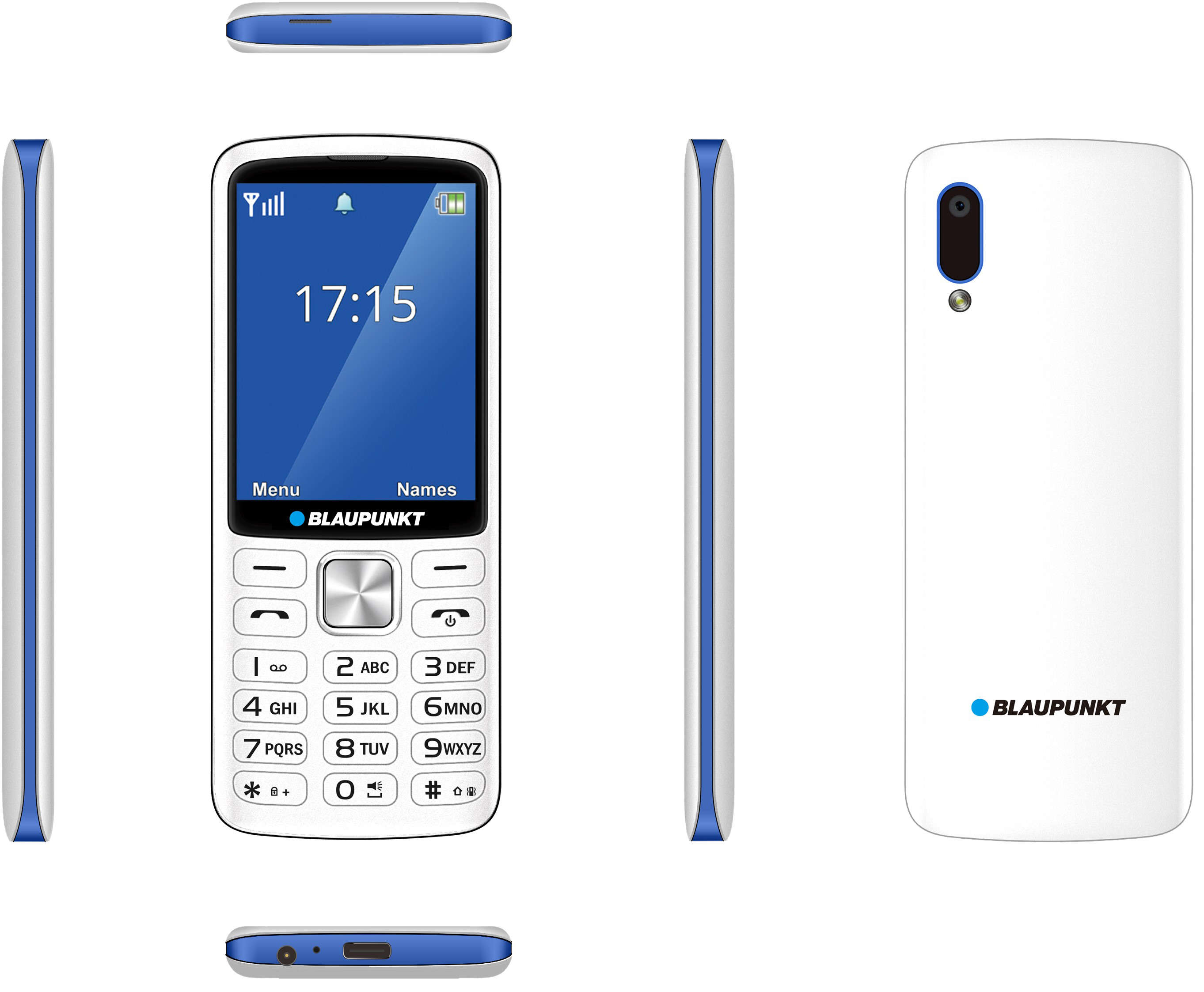 Fehér és kék Blaupunkt telefon. Az időt mutatja. A gombok láthatók.