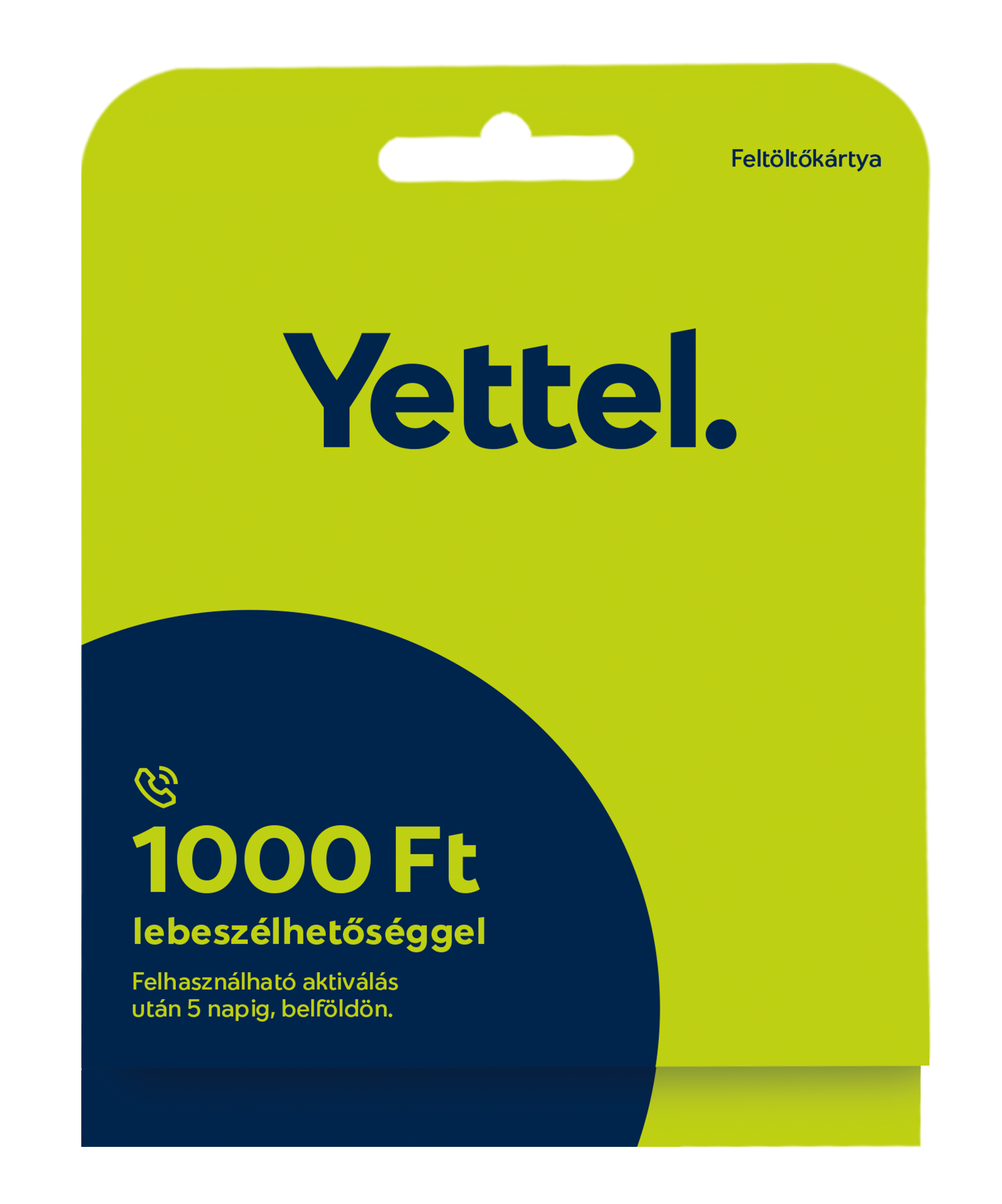 Yettel 1000 Ft feltöltőkártya. Zöld-kék dizájn szöveggel.