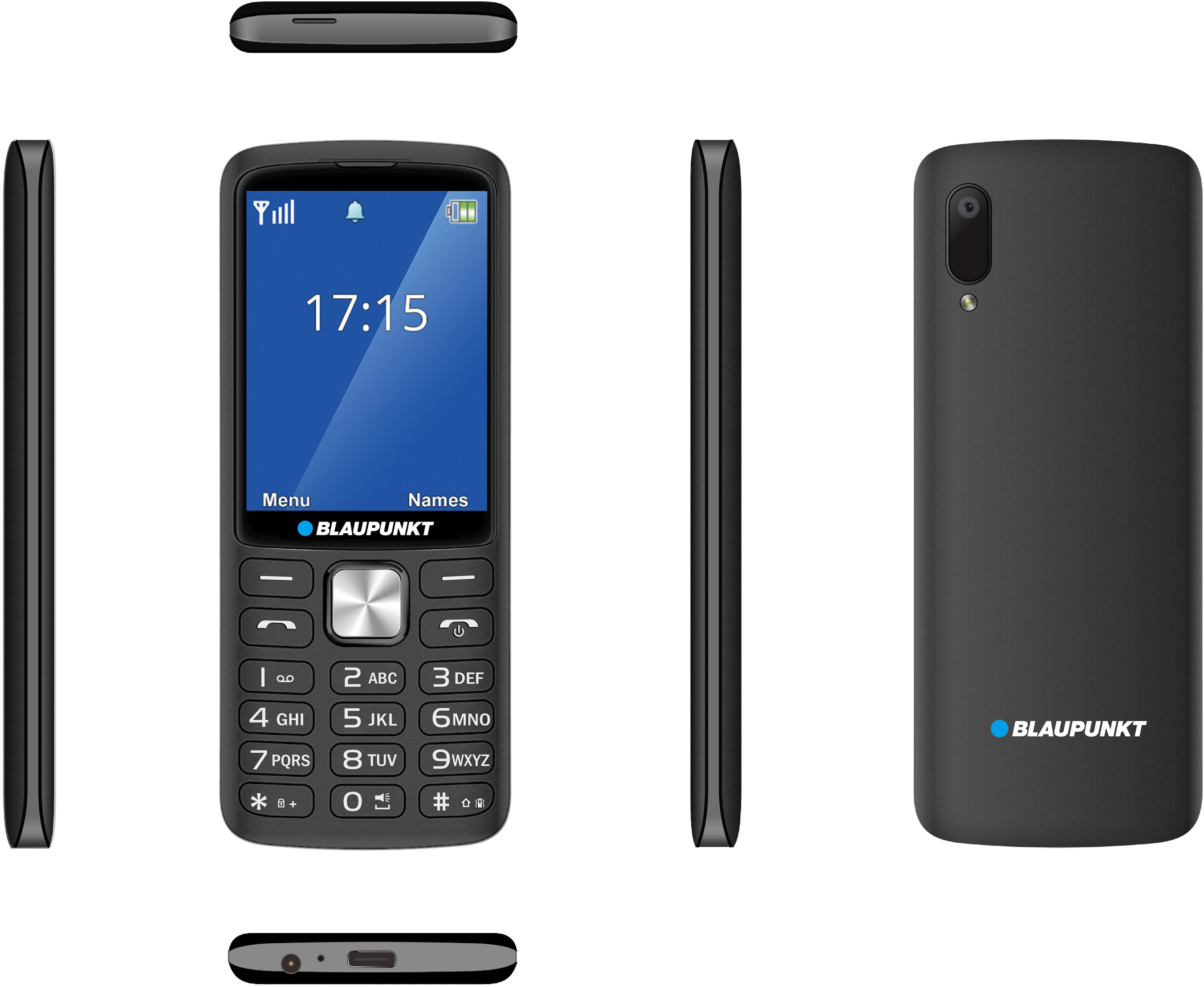 Egy fekete Blaupunkt telefon 17:15-öt mutat. Van rajta kamera és számbillentyűk.