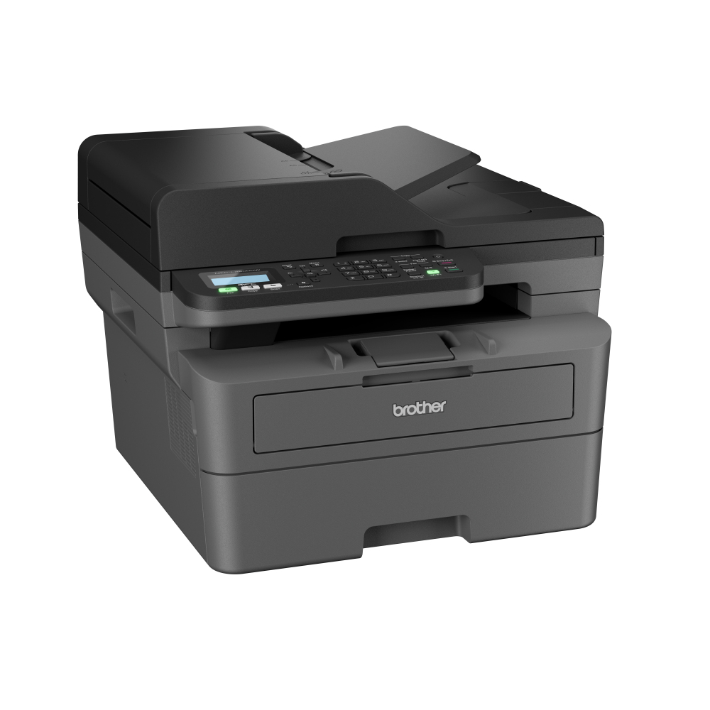 Ein Brother-Multifunktionsdrucker. Er hat ein Schwarz-Grau-Farbschema. Es gibt ein Bedienfeld und ein Papierfach.