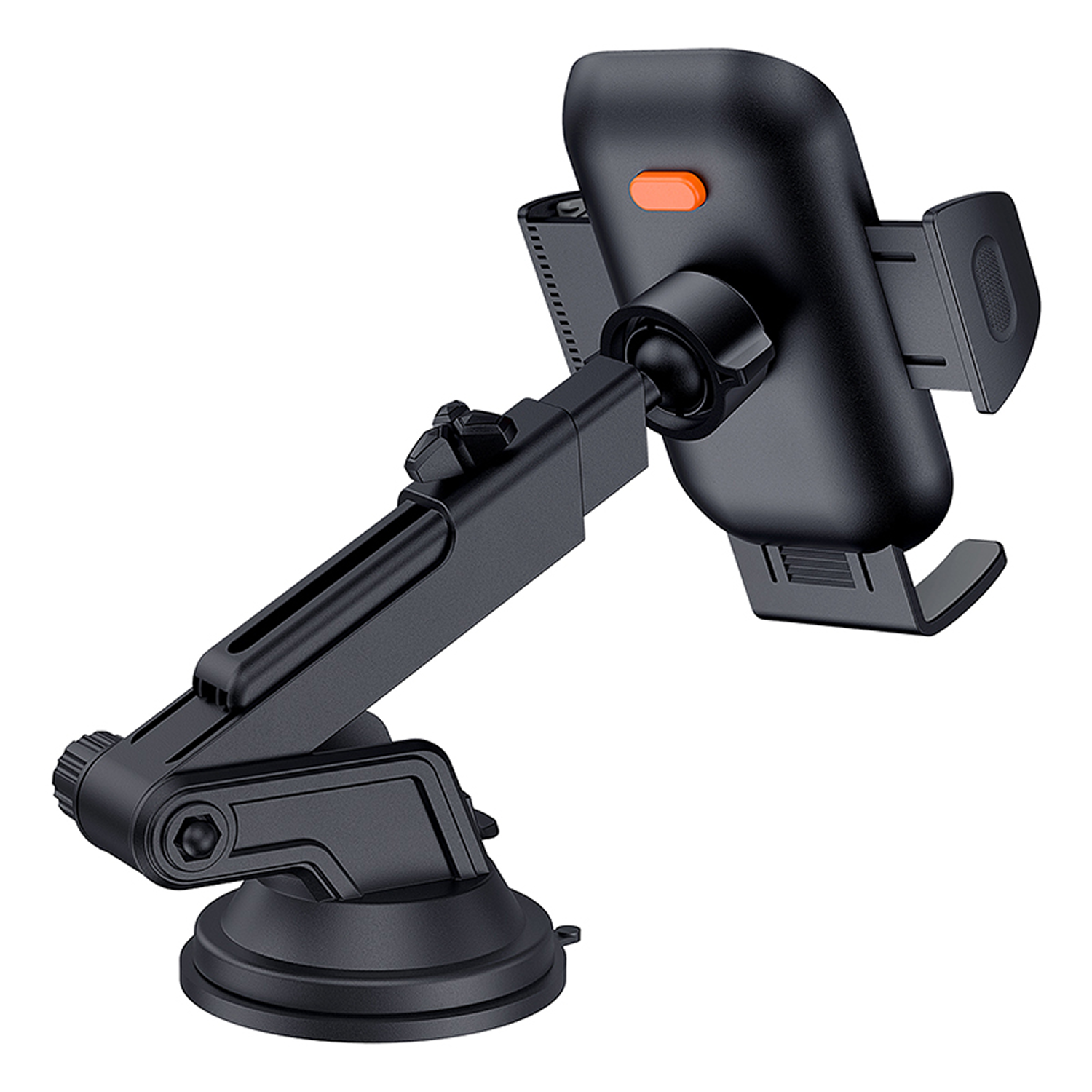 Soporte negro para teléfono de coche con botón naranja, base de ventosa y brazo ajustable. Aislado sobre fondo blanco.
