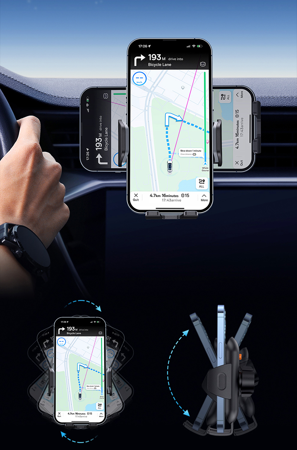 Un teléfono en un soporte para automóvil muestra una aplicación de navegación. La mano está en el volante. El teléfono se puede ajustar.