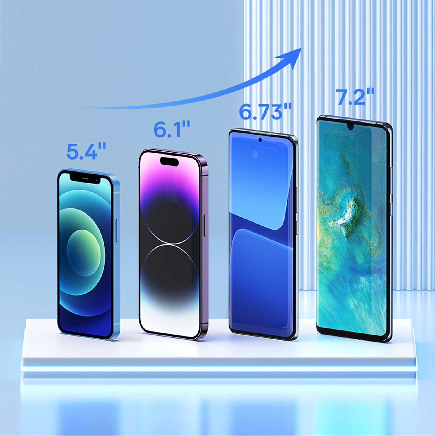 Cuatro smartphones de diferentes tamaños se muestran en una plataforma blanca. Una flecha azul indica el aumento de los tamaños de pantalla.