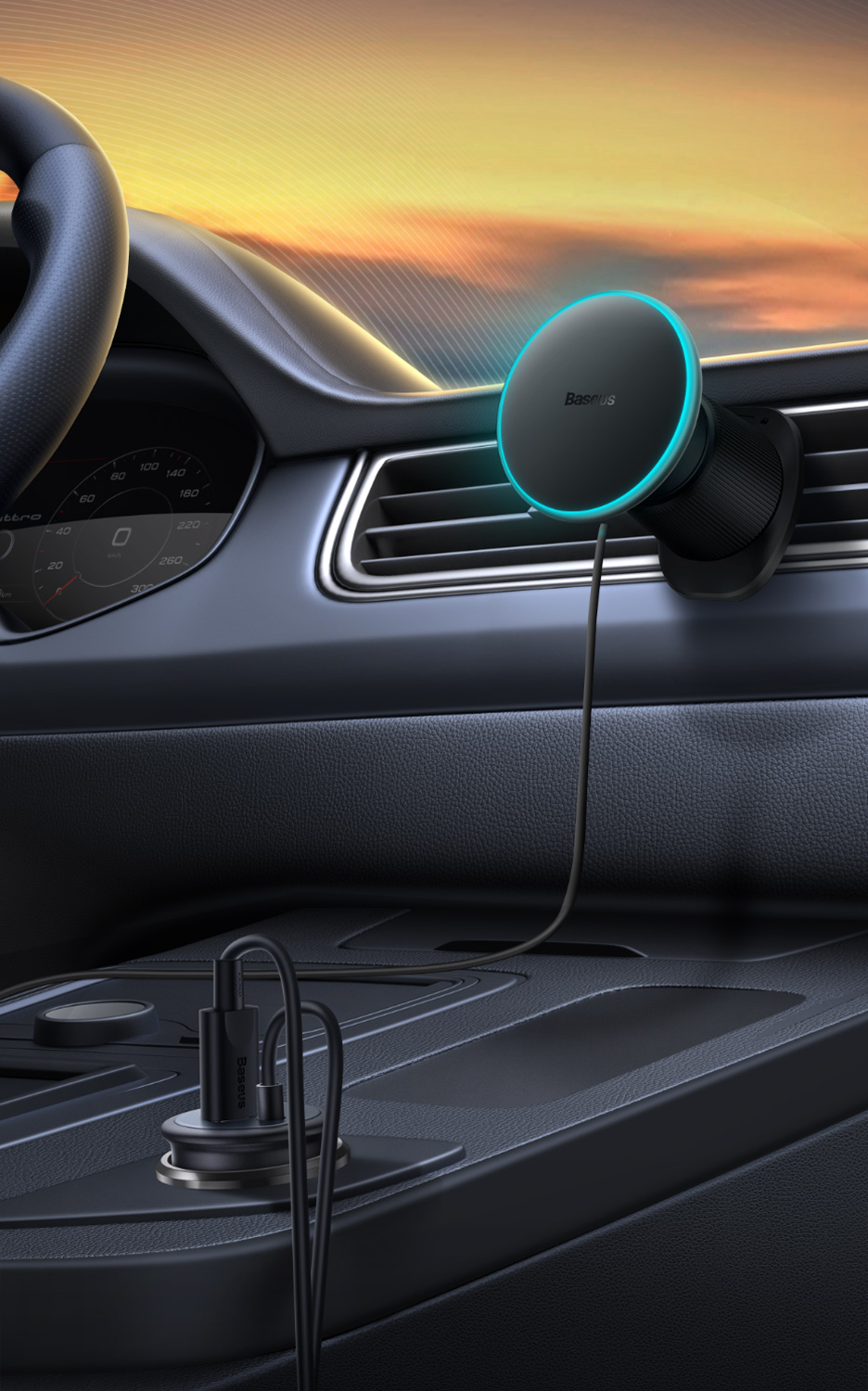 Interior del coche. Un soporte para teléfono conectado a una ventilación, un cable de carga y un cargador de coche en la consola.