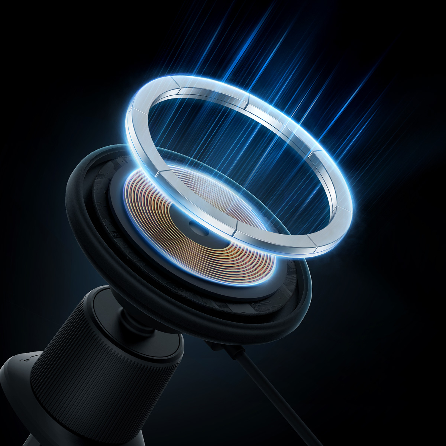 Un cargador inalámbrico con un anillo plateado, líneas de energía azules y una base negra sobre un fondo negro.