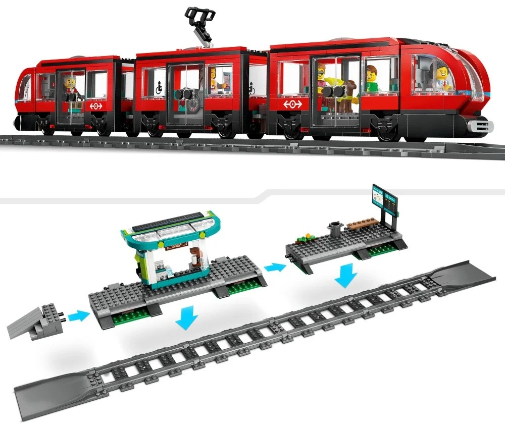 Zestaw pociągu Lego. Czerwony pociąg z pasażerami. Poniżej montowana jest stacja kolejowa z torami.