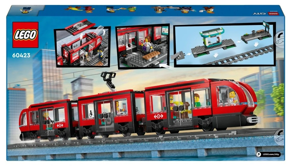 Zestaw pociągu Lego City. Czerwony pociąg na torach, z figurkami w środku. Dodatkowe zdjęcia pokazują stację i szczegóły wnętrza.
