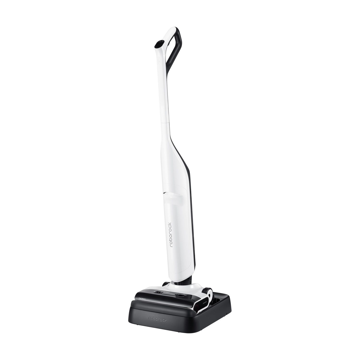 Un aspirapolvere Roborock bianco e nero per umido e secco è in piedi su una base nera, isolato su sfondo bianco.