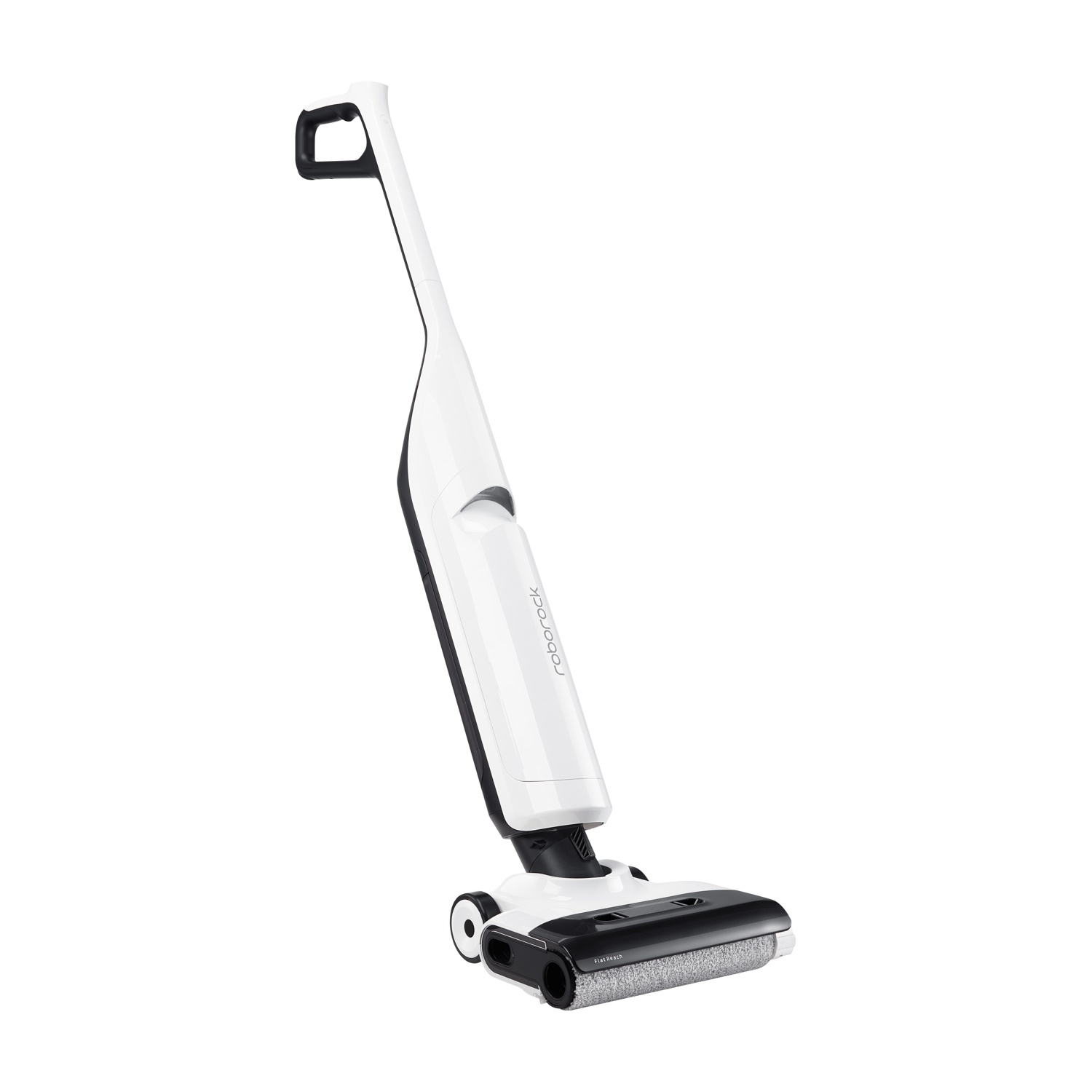 Un pulitore per pavimenti Roborock bianco e nero. Ha un manico, un corpo con il marchio e una testina con rullo.