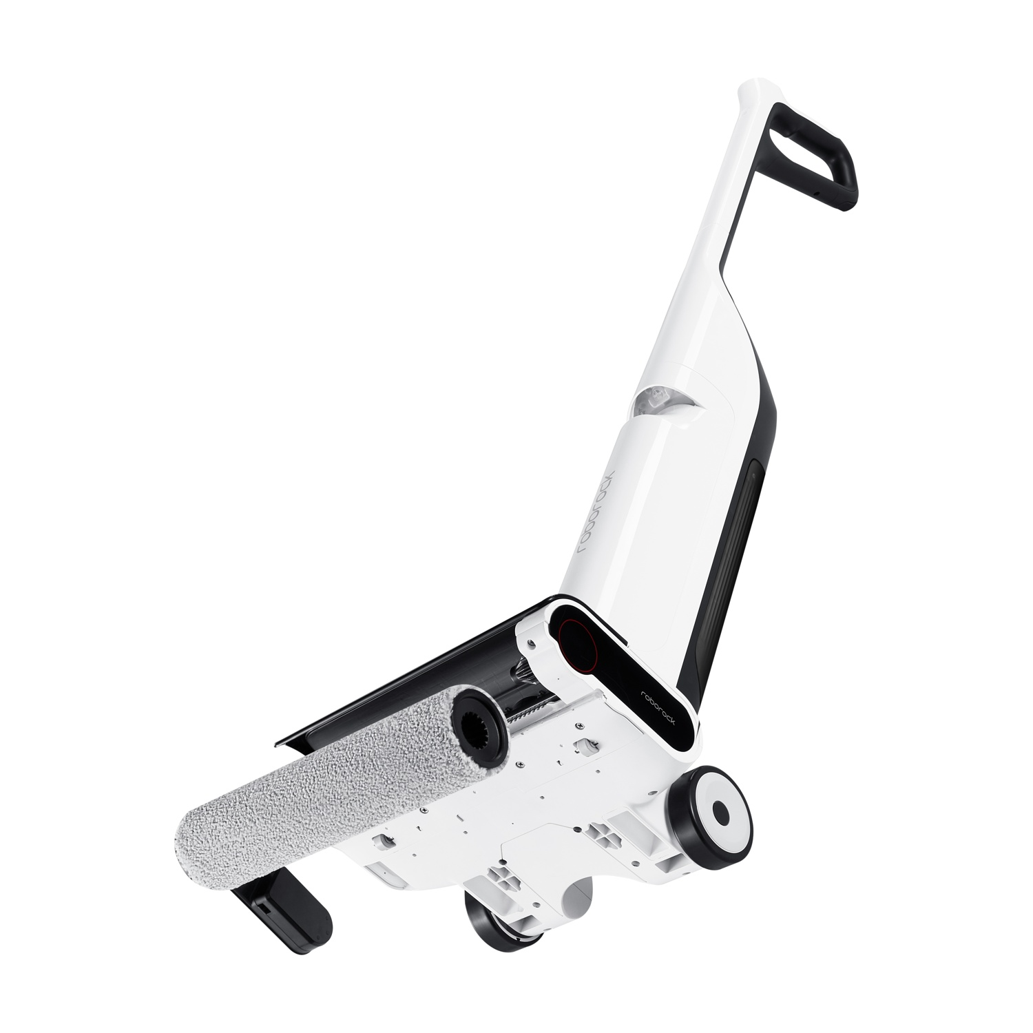 Un pulitore per pavimenti Roborock bianco e nero, vista angolata. Presenta manico, rullo pulente e ruote, su sfondo bianco.