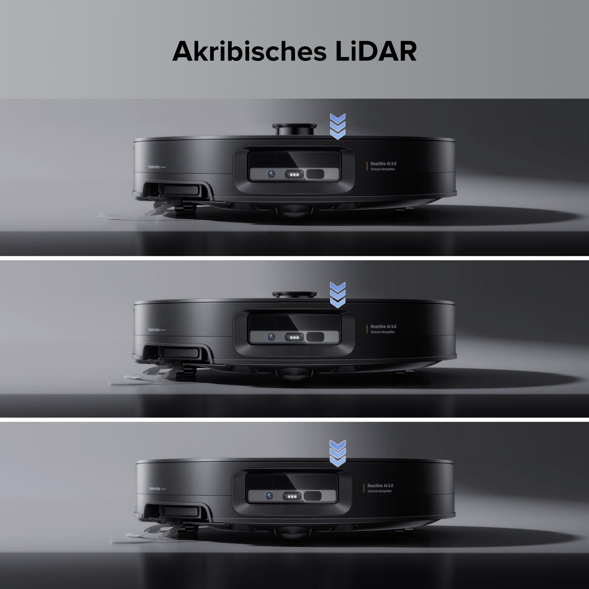 Drei schwarze Roboter-Staubsauger sind abgebildet, darüber steht 'Akribisches LiDAR'. Jeder hat den Text 'Reactive AI 3.0'.