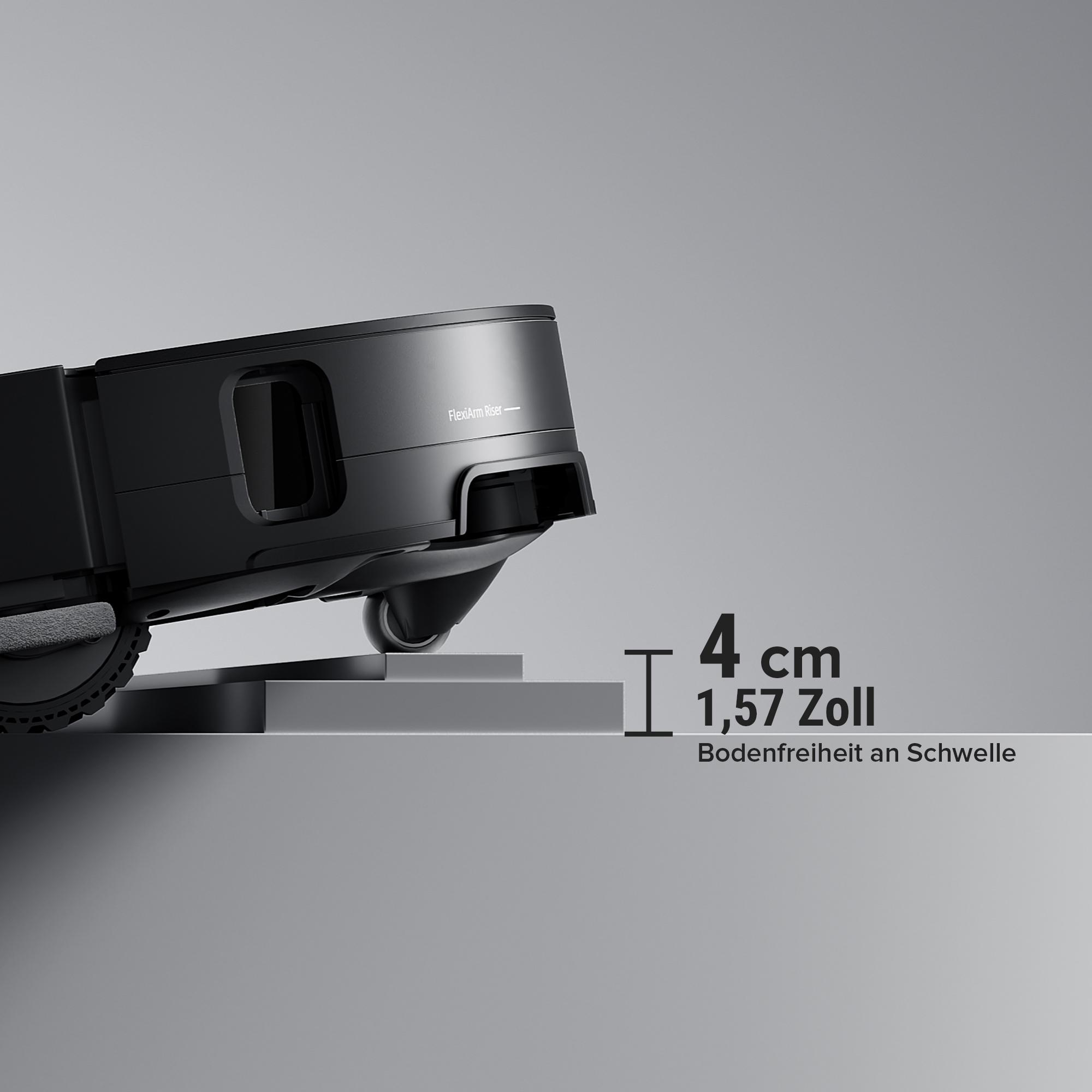 Schwarzer Roboter-Staubsauger mit Rad auf grauer Oberfläche, misst 4 cm, 1,57 Zoll Bodenfreiheit.