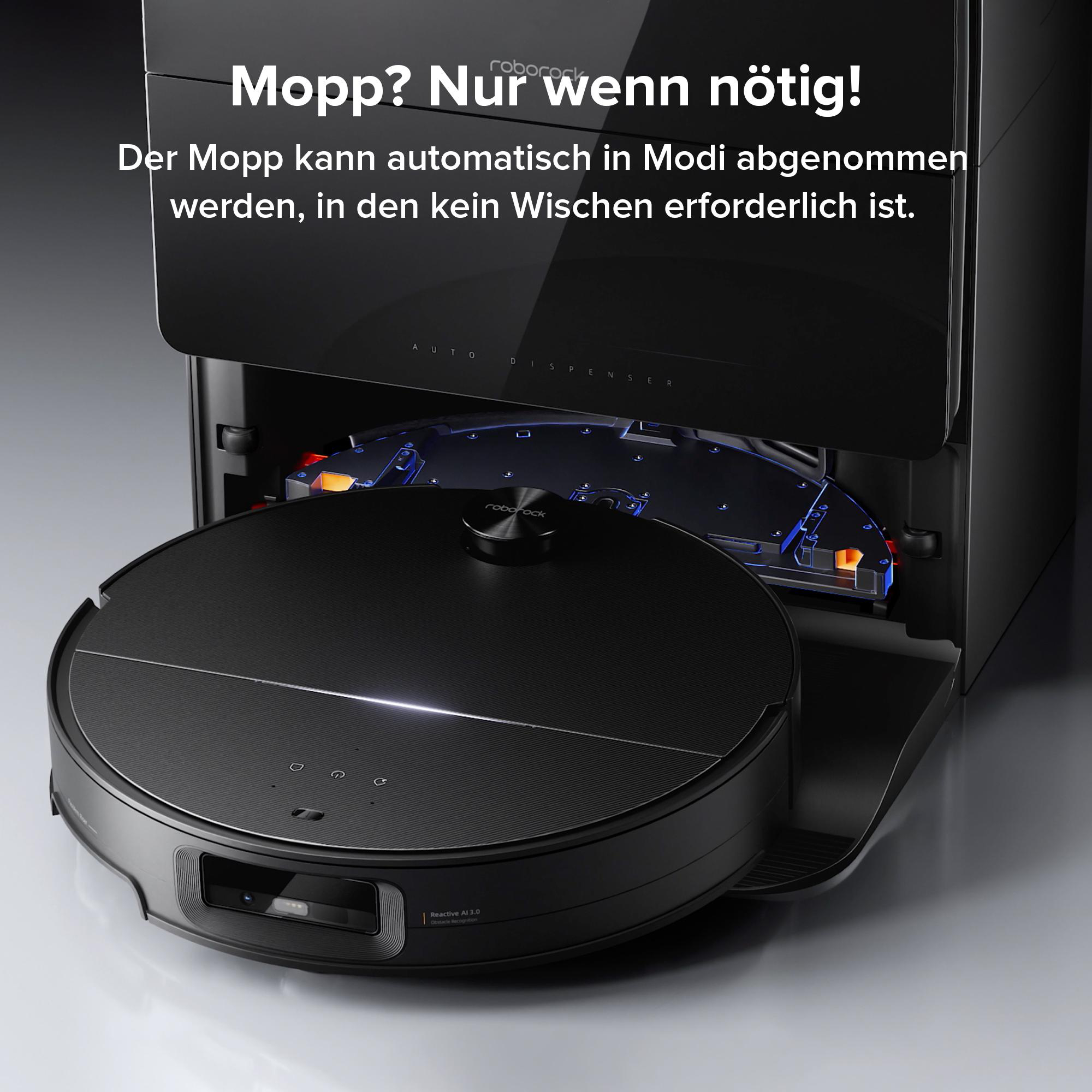Schwarzer Roboter-Staubsauger mit Ladestation. Text: 'Mopp? Nur wenn nötig!'
